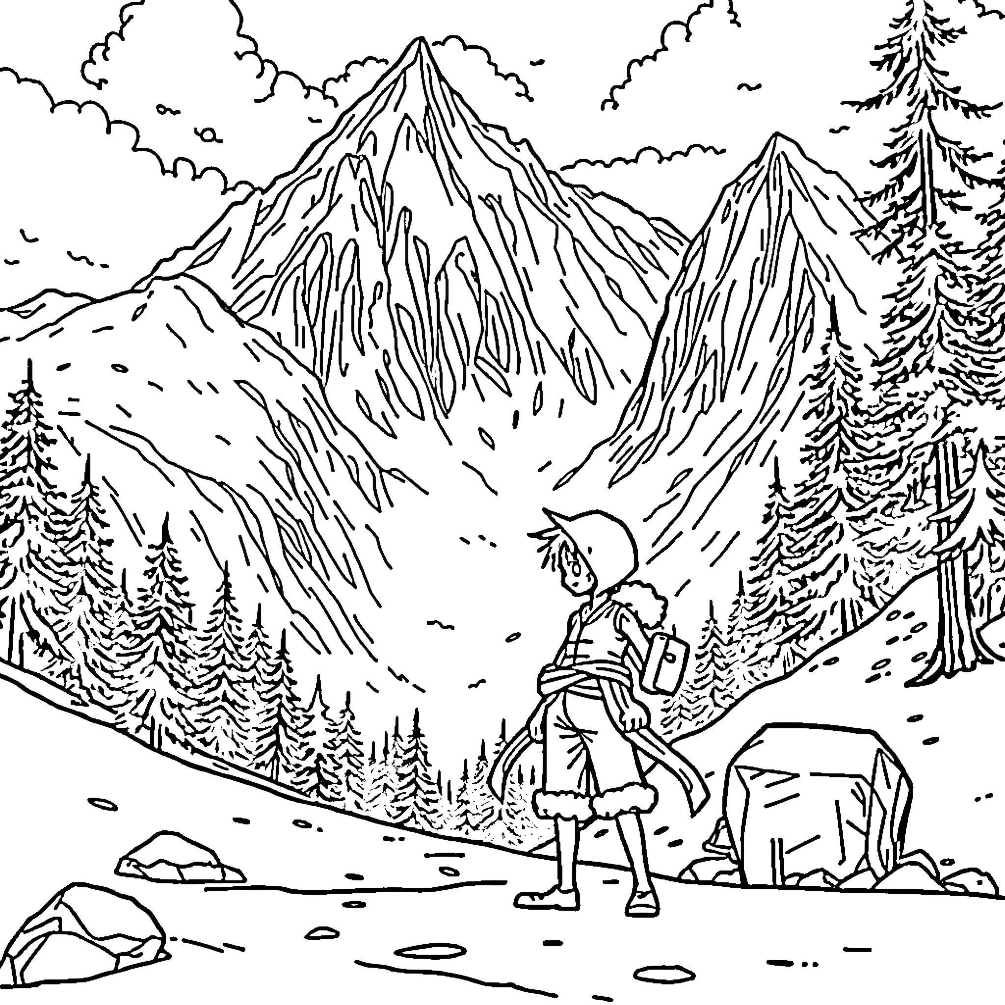 Luffy's Mountain Adventure Coloring Page (free black-and-white line drawing printable PDF for all, from beginners to advanced learners, including children, teens, adults, and seniors)