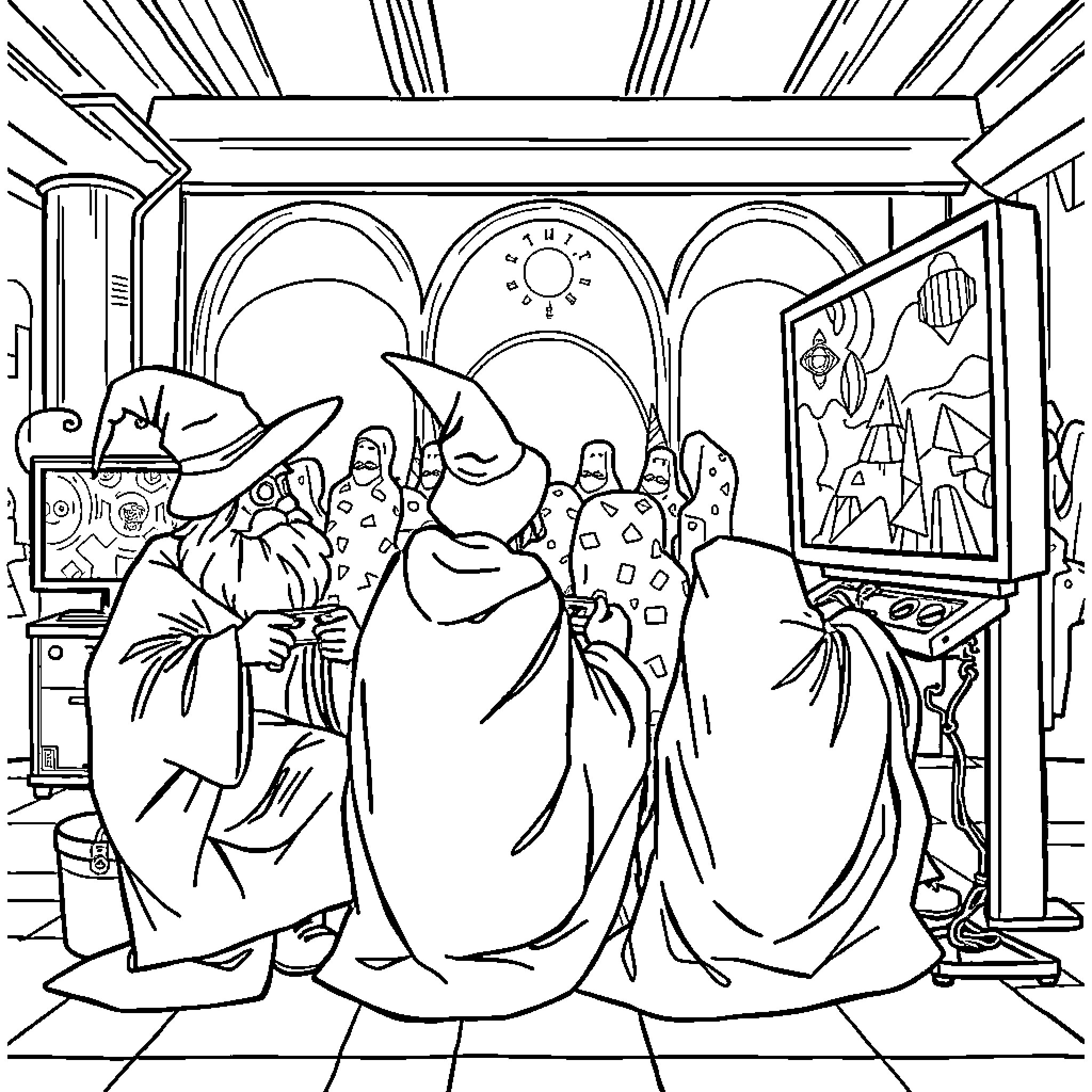 Wizard and wizardly figures in fantastical setting Coloring Page (free black-and-white line drawing printable PDF for all, from beginners to advanced learners, including children, teens, adults, and seniors)