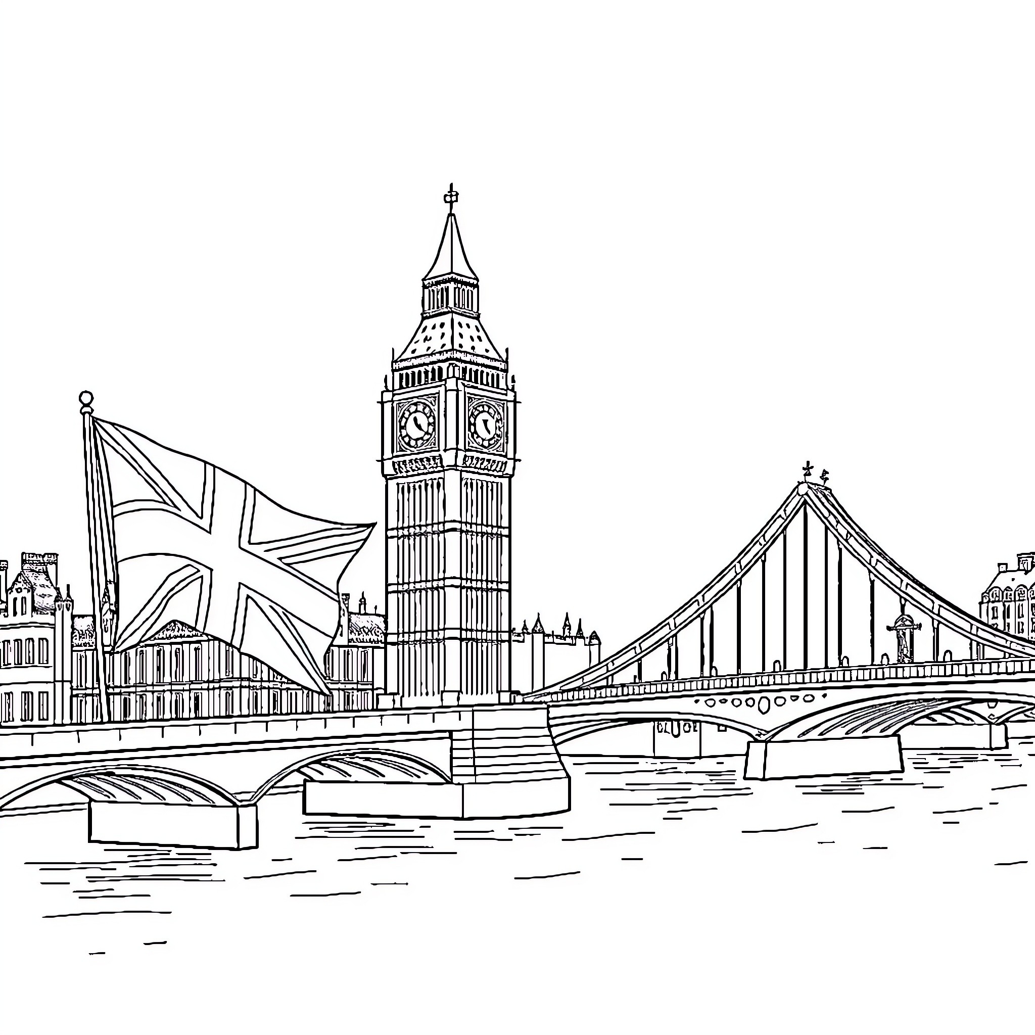 United Kingdom Landmarks with Iconic Architecture and Bridge Coloring Page (free black-and-white line drawing printable PDF for all, from beginners to advanced learners, including children, teens, adults, and seniors)