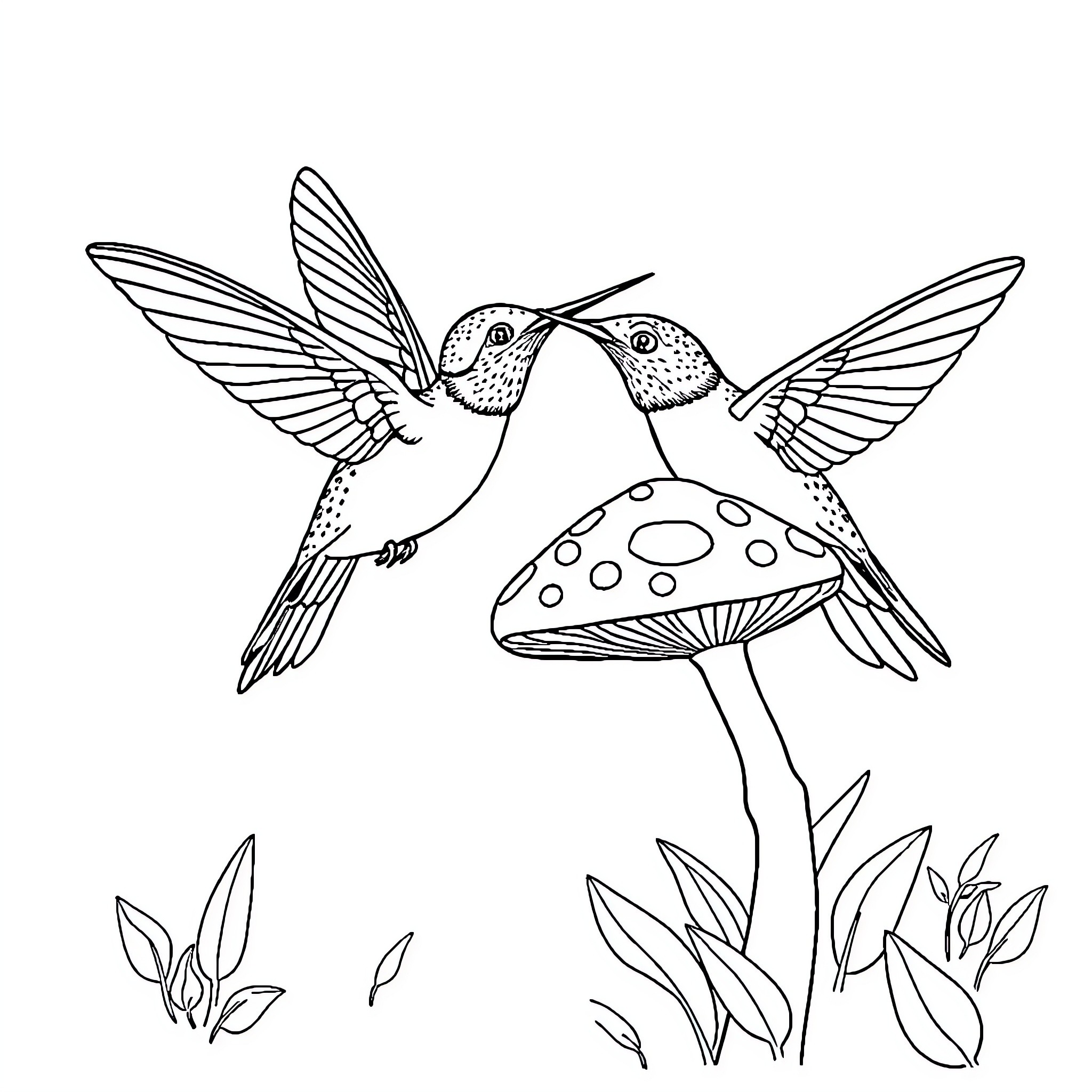 Hummingbirds dancing around mushroom Coloring Page (free black-and-white line drawing printable PDF for all, from beginners to advanced learners, including children, teens, adults, and seniors)