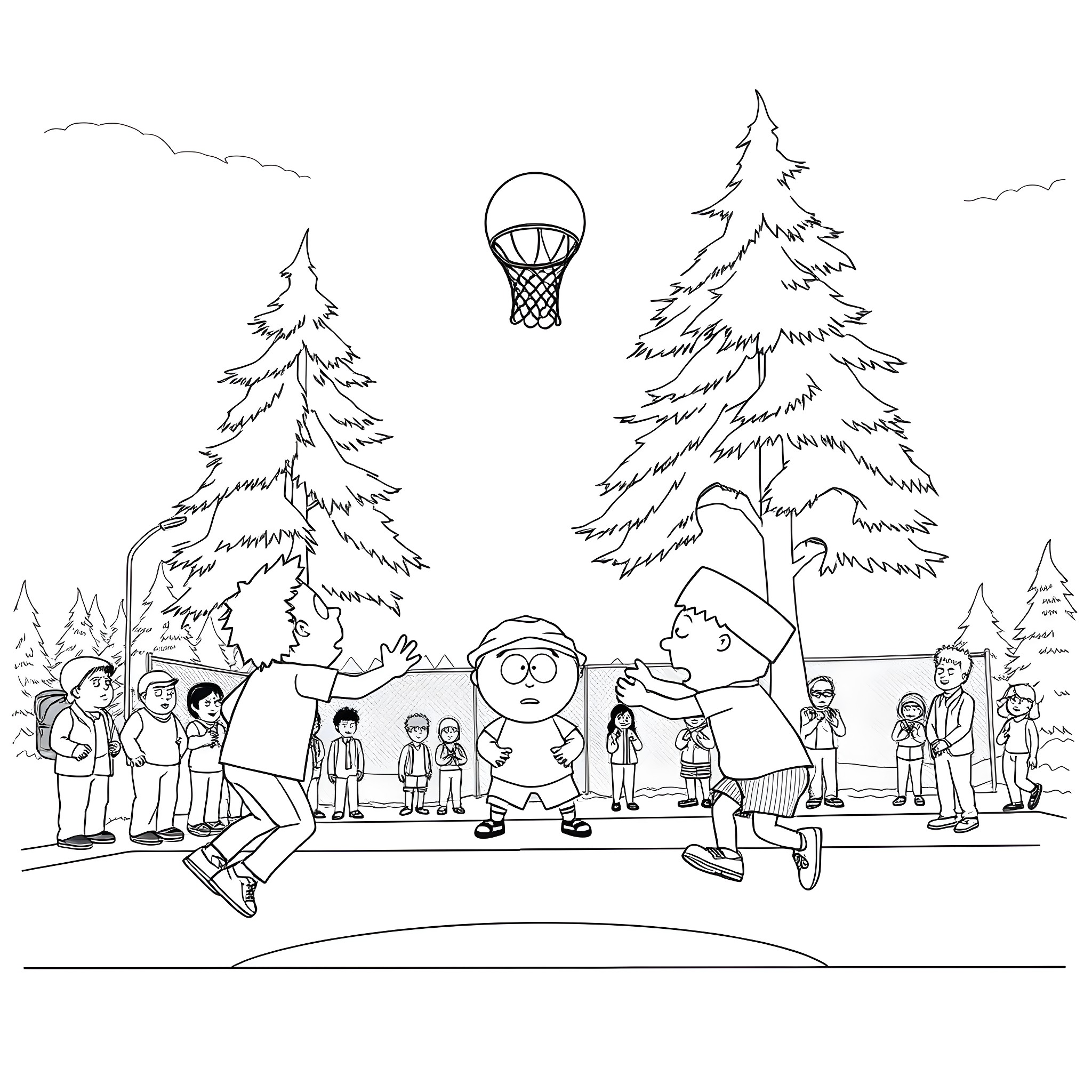 Kenny playing basketball with friends in the park Coloring Page (free black-and-white line drawing printable PDF for all, from beginners to advanced learners, including children, teens, adults, and seniors)