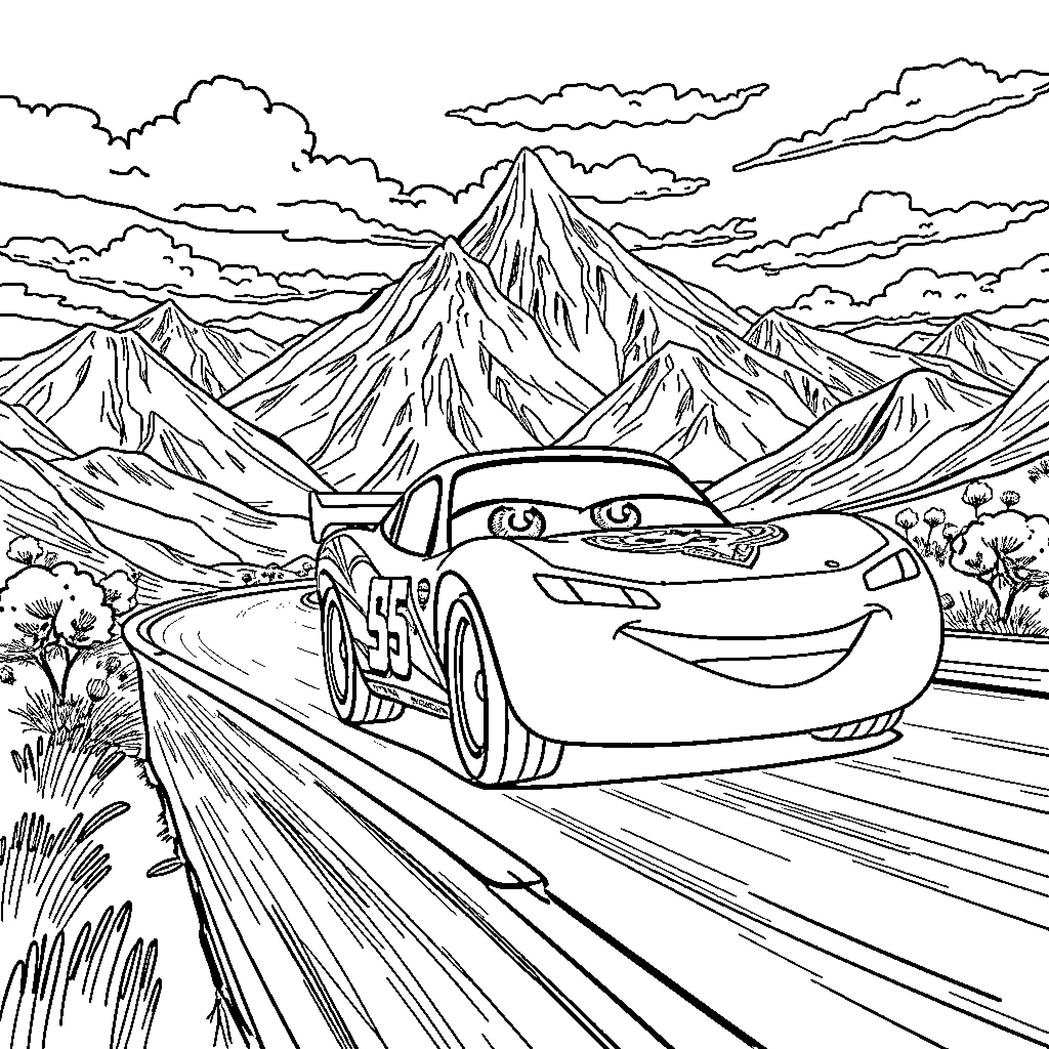 Rayo McQueen embarks on a thrilling mountain drive Coloring Page (free black-and-white line drawing printable PDF for all, from beginners to advanced learners, including children, teens, adults, and seniors)