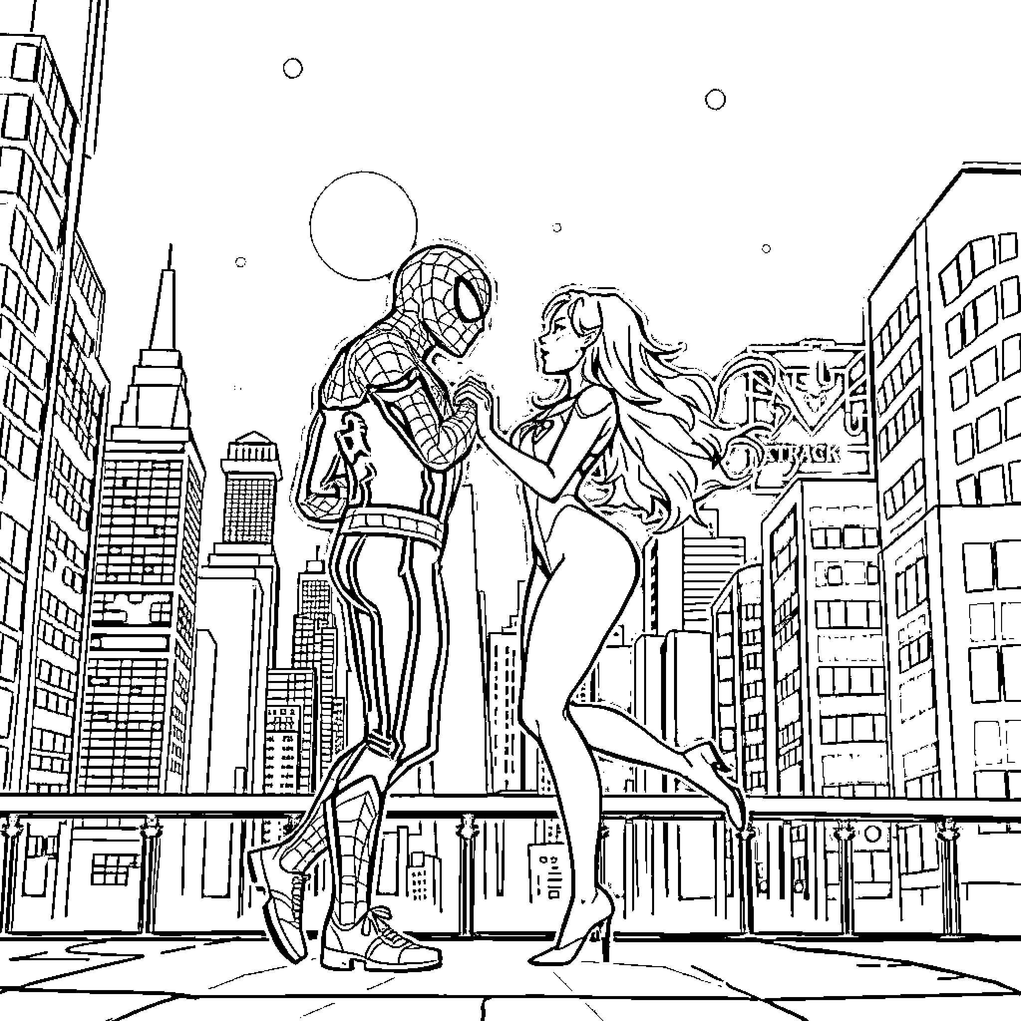 Spider-Man embracing a woman in the city Coloring Page (free black-and-white line drawing printable PDF for all, from beginners to advanced learners, including children, teens, adults, and seniors)
