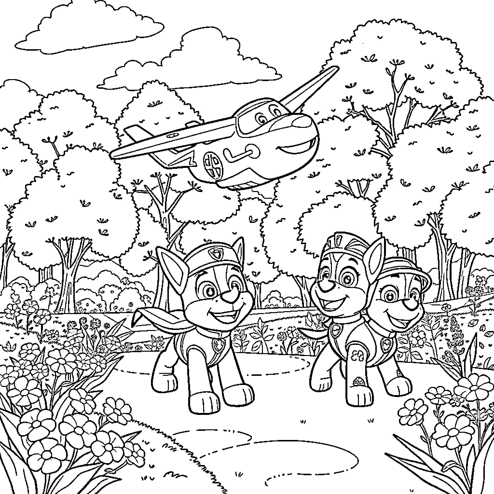 Super Wings characters exploring outdoors Coloring Page (free black-and-white line drawing printable PDF for all, from beginners to advanced learners, including children, teens, adults, and seniors)