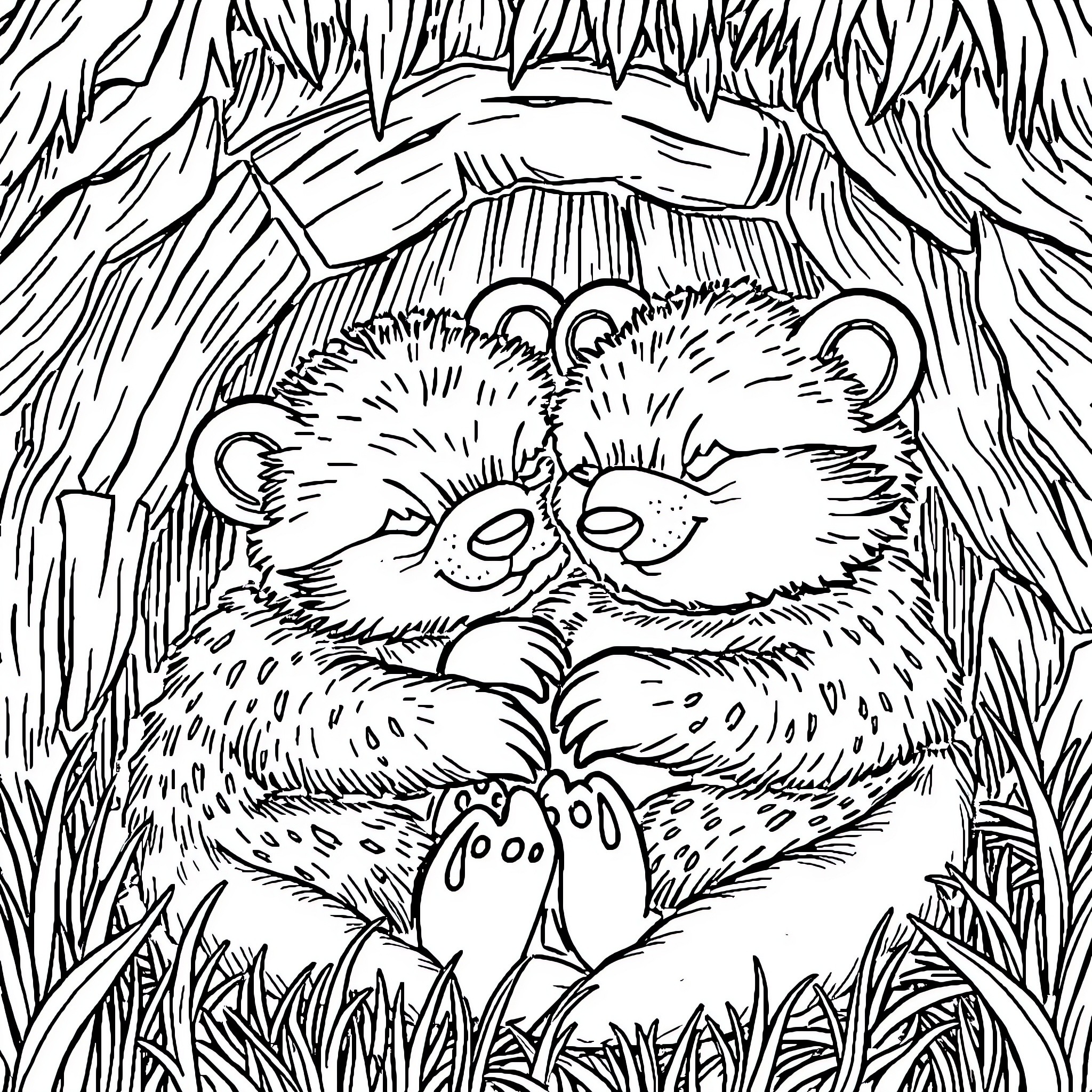 Bear couple cuddling in forest den Coloring Page (free black-and-white line drawing printable PDF for all, from beginners to advanced learners, including children, teens, adults, and seniors)