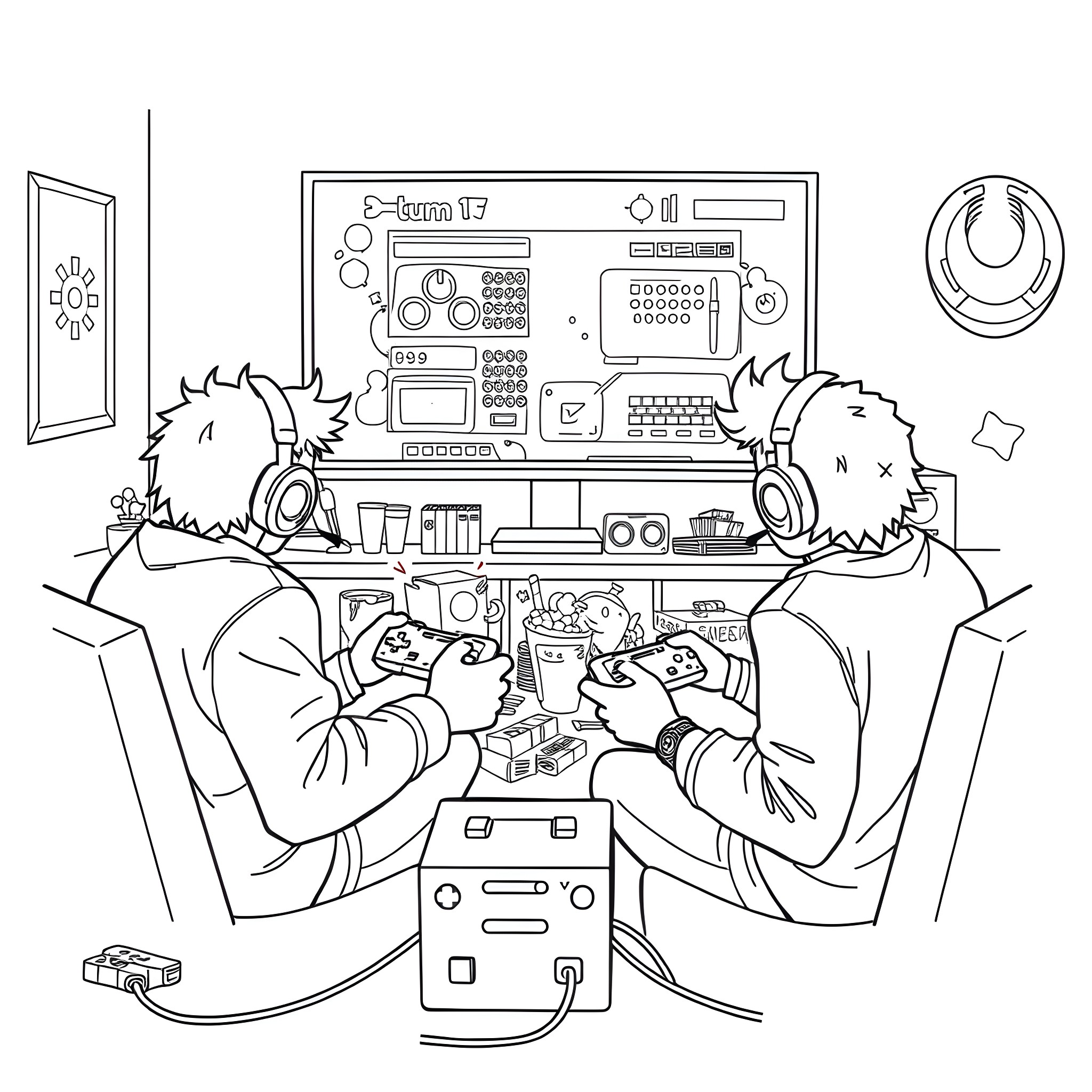 N and Uzi playing video games together Coloring Page (free black-and-white line drawing printable PDF for all, from beginners to advanced learners, including children, teens, adults, and seniors)