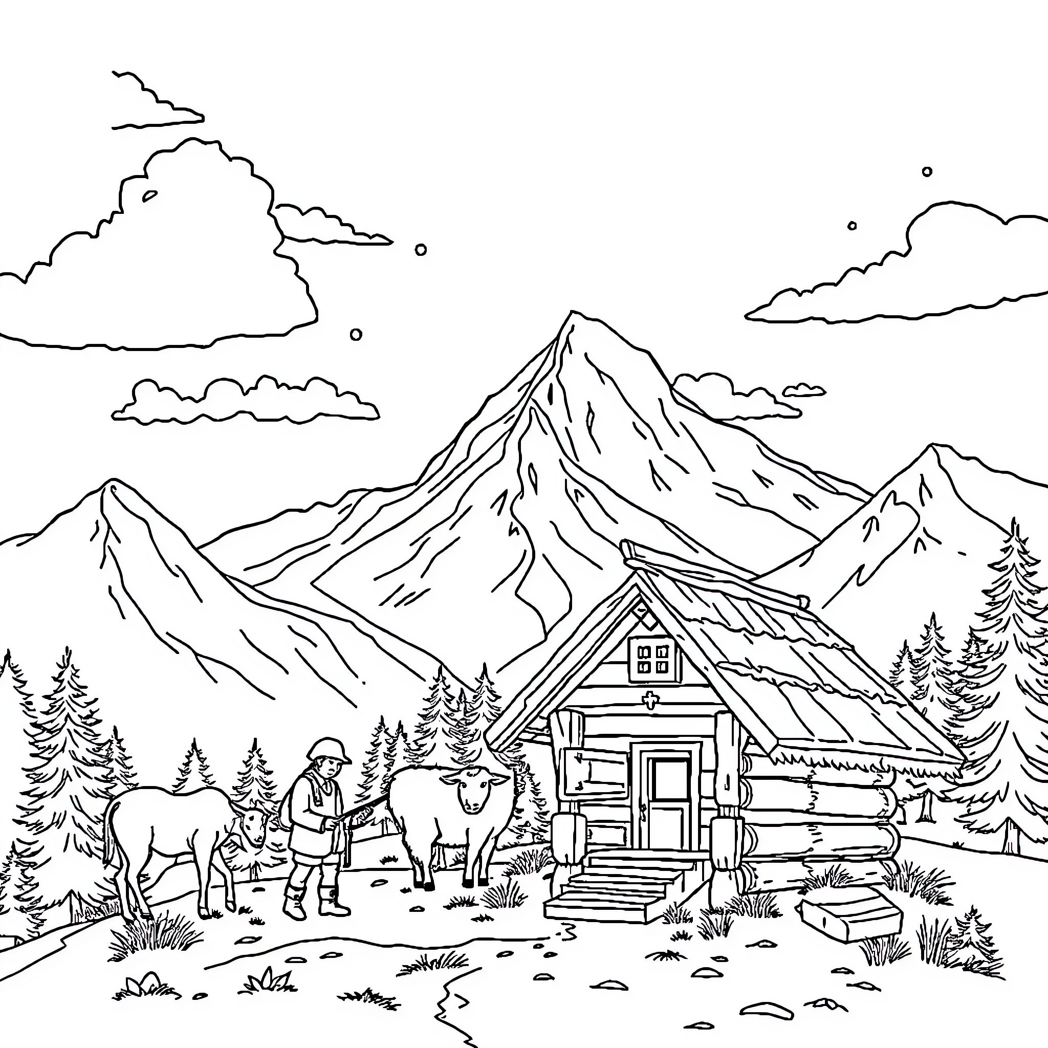 Mountain Cabin Adventure in the Wilderness Coloring Page (free black-and-white line drawing printable PDF for all, from beginners to advanced learners, including children, teens, adults, and seniors)