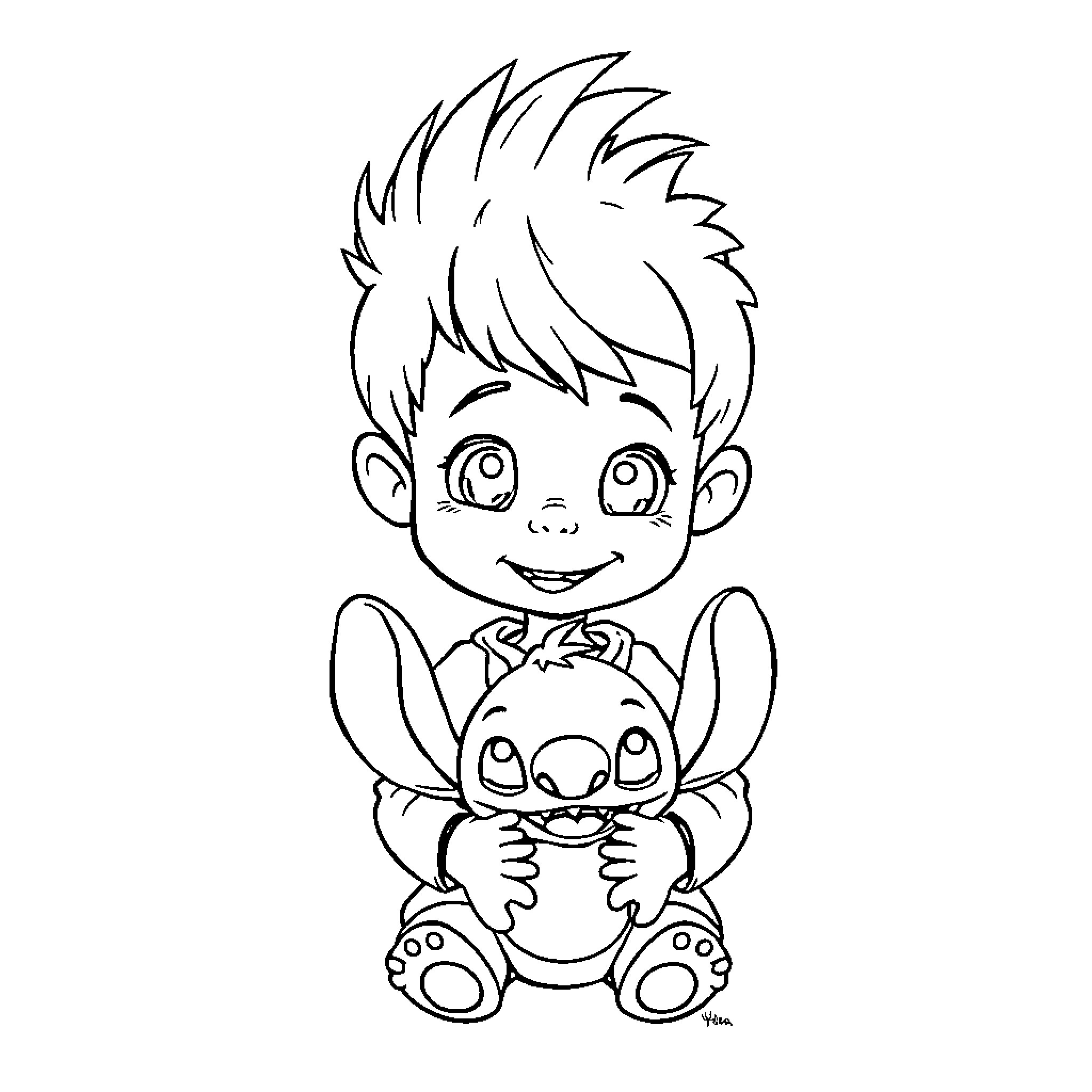 Boy hugging playful creature Coloring Page (free black-and-white line drawing printable PDF for all, from beginners to advanced learners, including children, teens, adults, and seniors)