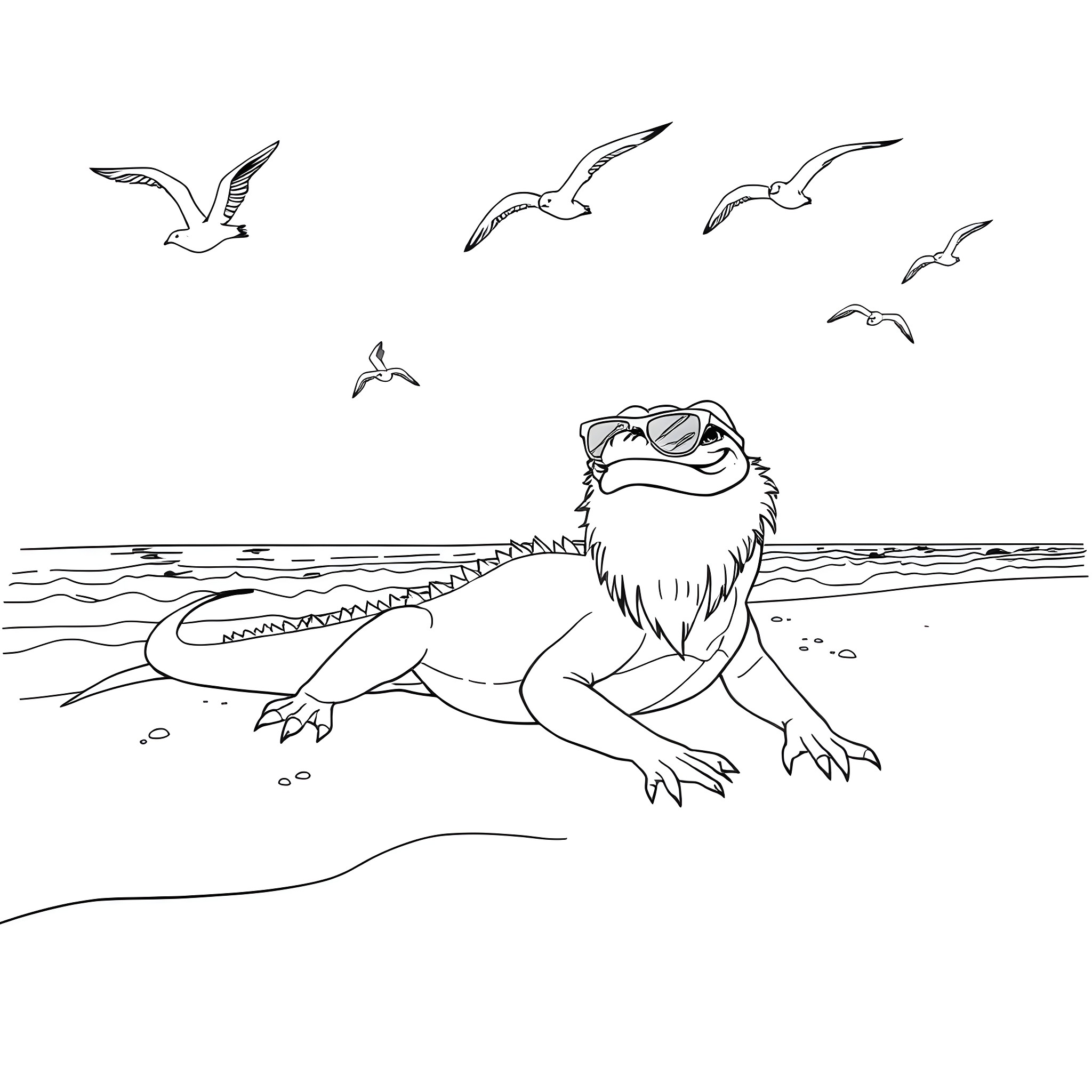 Bearded Dragon lounging on the beach Coloring Page (free black-and-white line drawing printable PDF for all, from beginners to advanced learners, including children, teens, adults, and seniors)