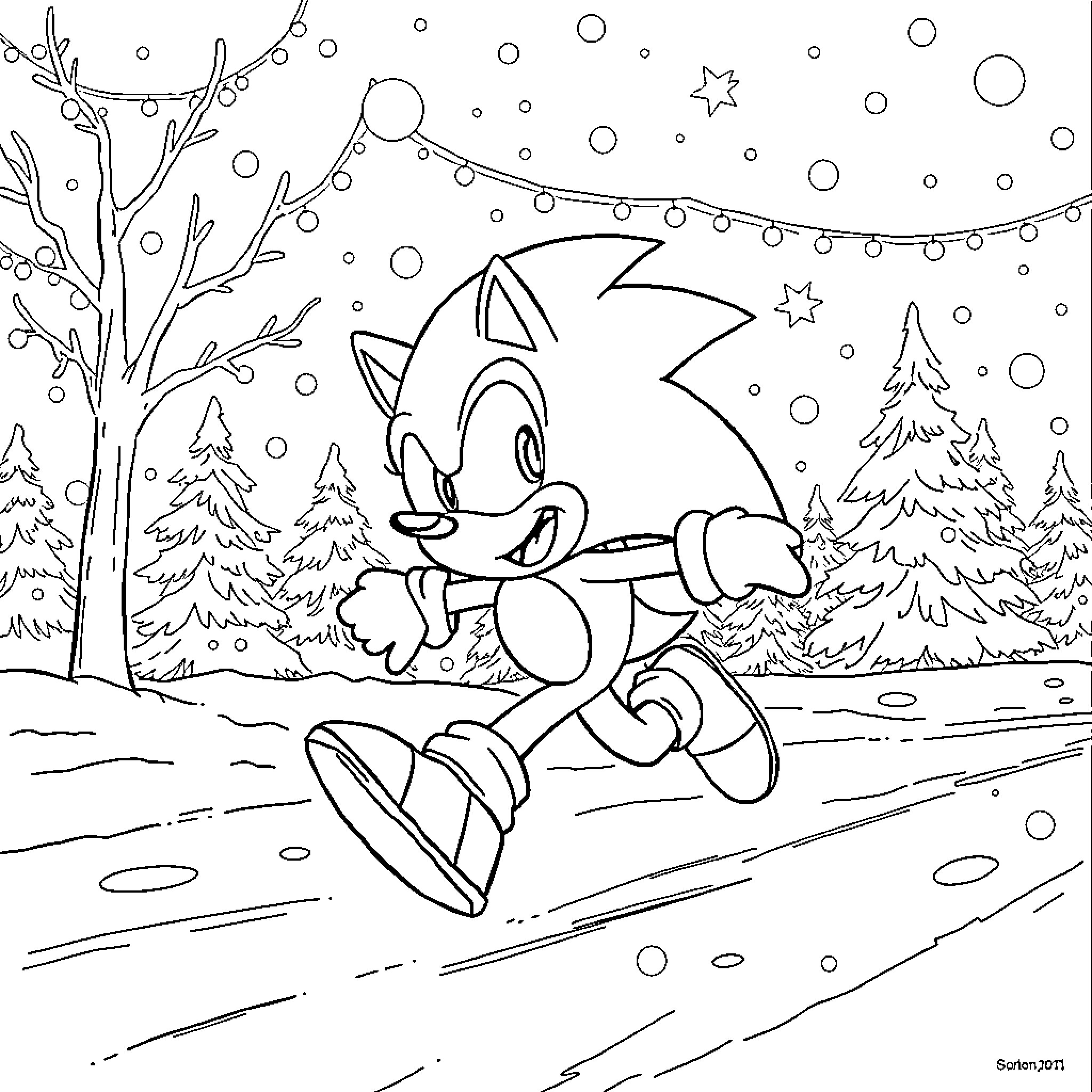Sonic sledding through a snowy winter landscape Coloring Page (free black-and-white line drawing printable PDF for all, from beginners to advanced learners, including children, teens, adults, and seniors)