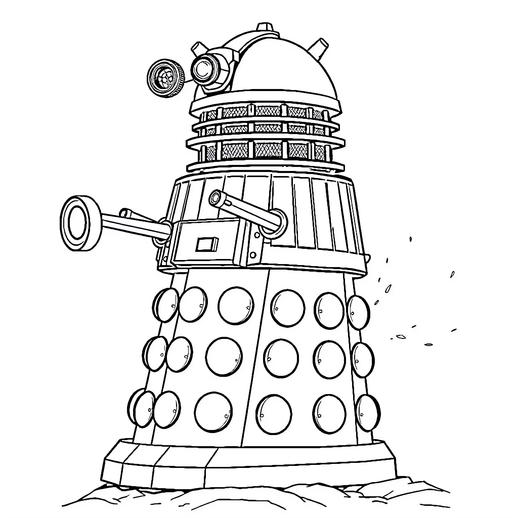 Dalek menacing with blaster in hand Coloring Page (free black-and-white line drawing printable PDF for all, from beginners to advanced learners, including children, teens, adults, and seniors)