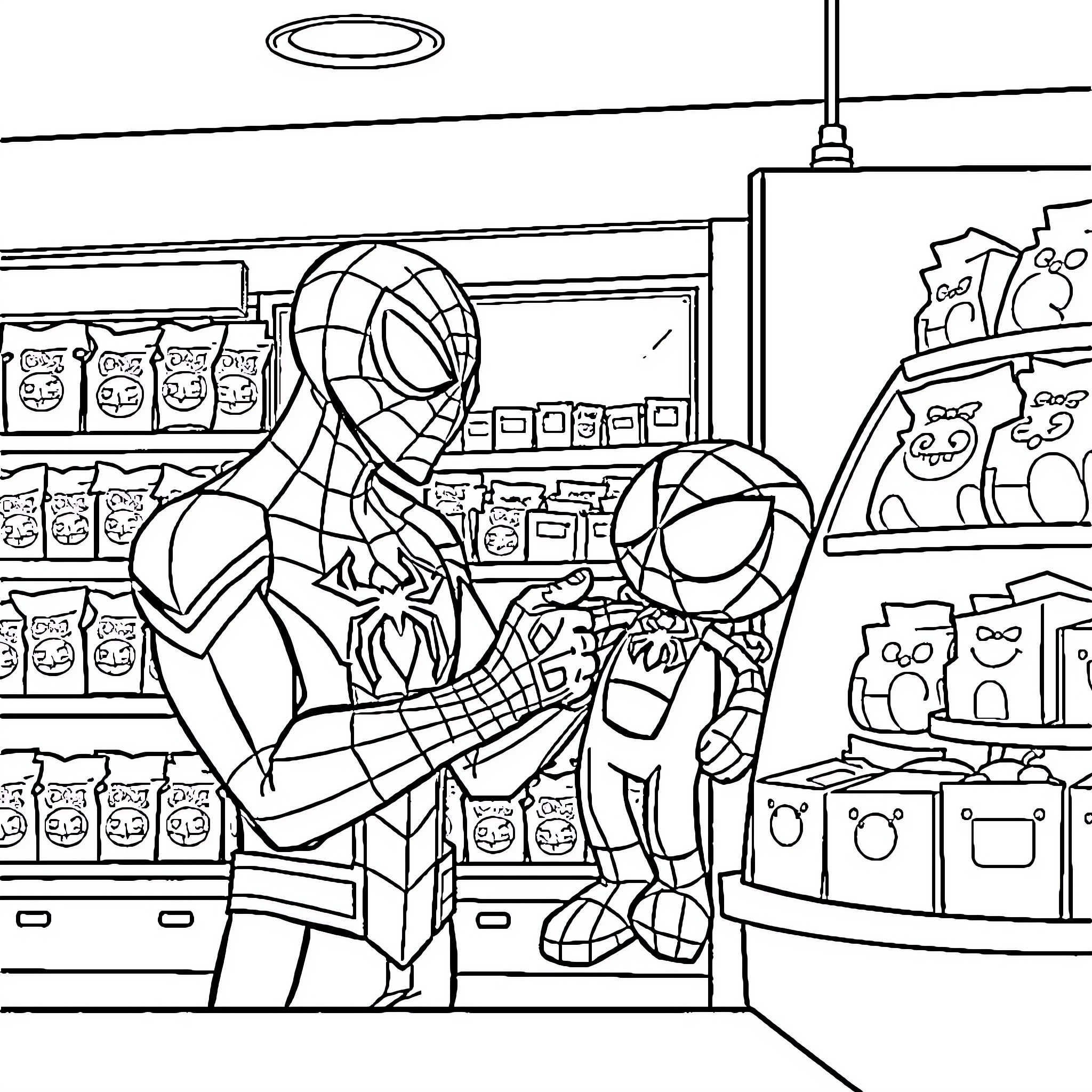 Spiderman heroically saves smaller character in a convenience store Coloring Page (free black-and-white line drawing printable PDF for all, from beginners to advanced learners, including children, teens, adults, and seniors)