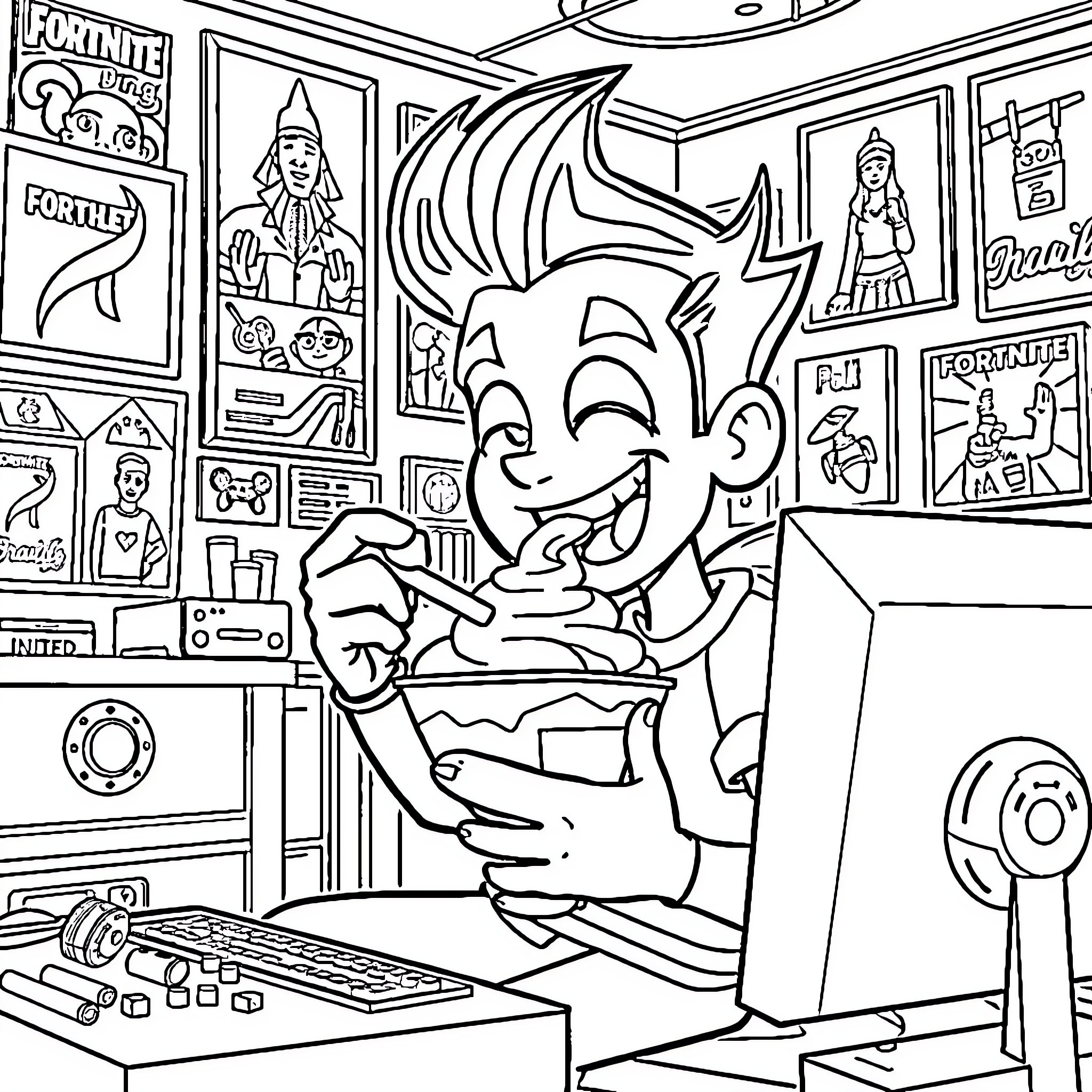Jimmy Neutron exploring Fortnite gaming setup Coloring Page (free black-and-white line drawing printable PDF for all, from beginners to advanced learners, including children, teens, adults, and seniors)