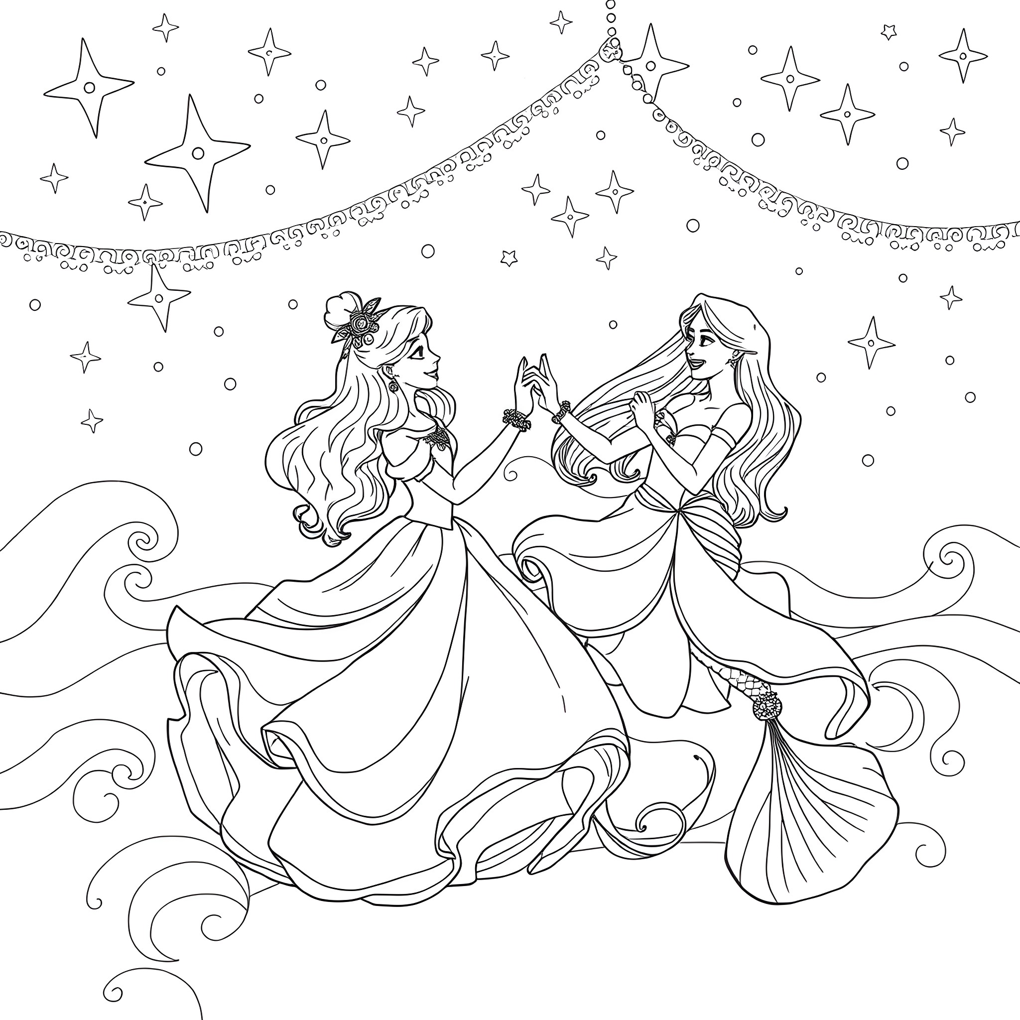 Princess Dancing Among the Stars Coloring Page (free black-and-white line drawing printable PDF for all, from beginners to advanced learners, including children, teens, adults, and seniors)