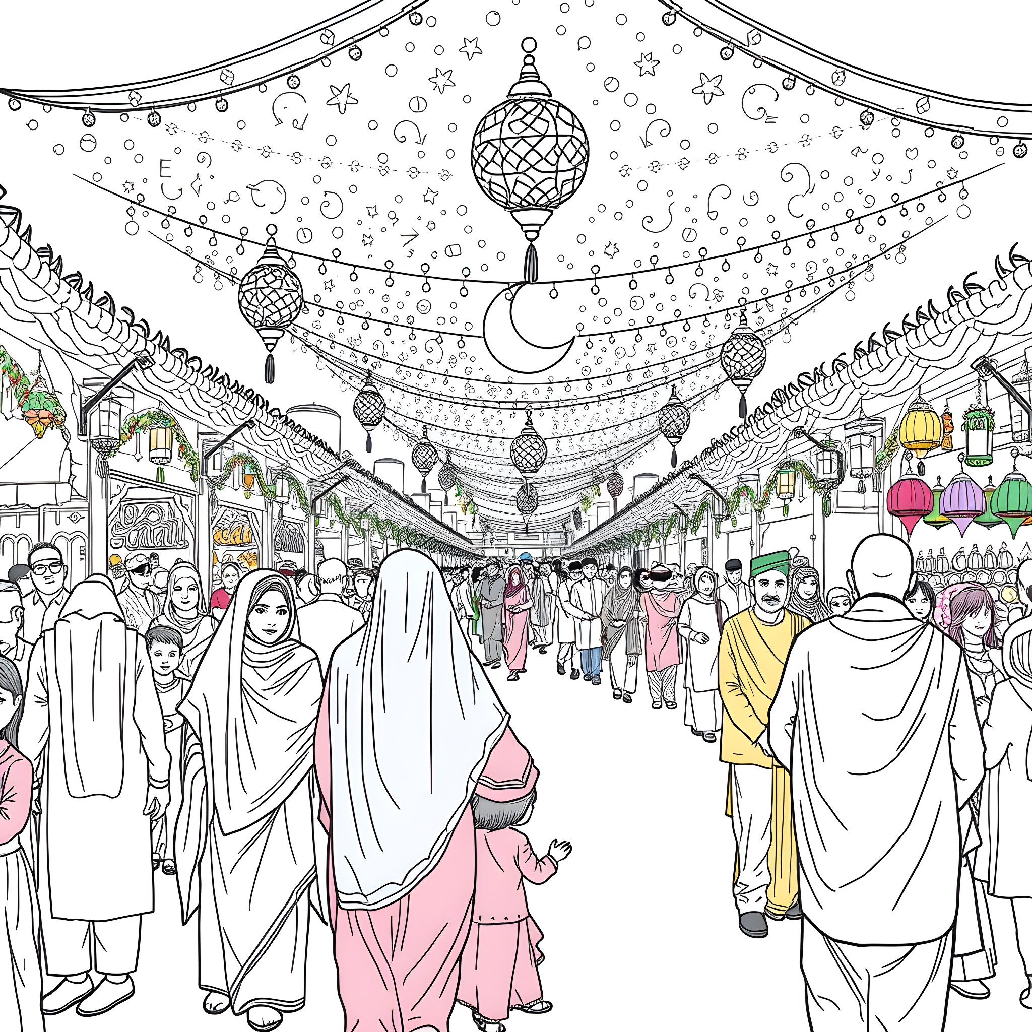 Eid celebrations in a bustling marketplace Coloring Page (free black-and-white line drawing printable PDF for all, from beginners to advanced learners, including children, teens, adults, and seniors)