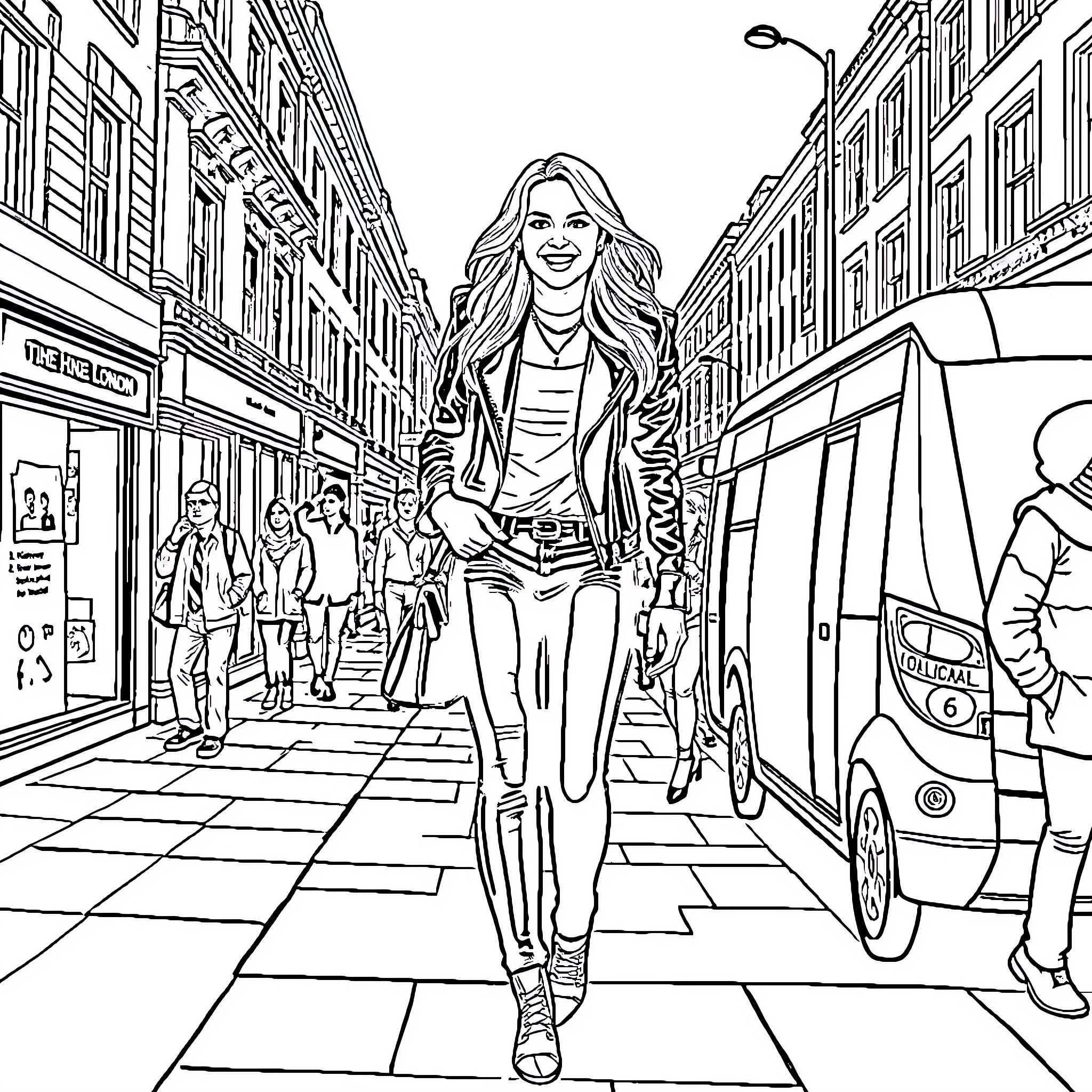 Britney Spears strolling confidently through a bustling city street Coloring Page (free black-and-white line drawing printable PDF for all, from beginners to advanced learners, including children, teens, adults, and seniors)