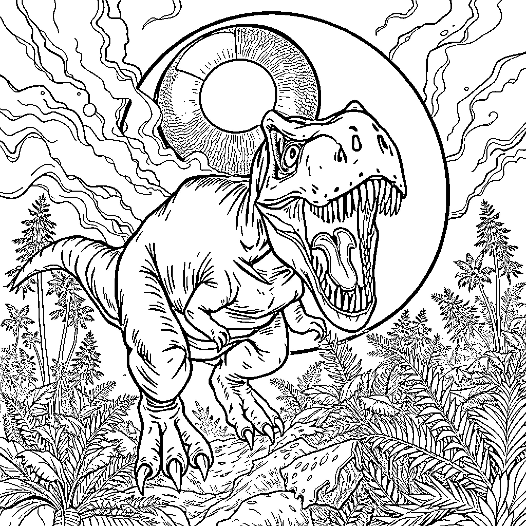 T-Rex roaring fiercely in the prehistoric landscape Coloring Page (free black-and-white line drawing printable PDF for all, from beginners to advanced learners, including children, teens, adults, and seniors)