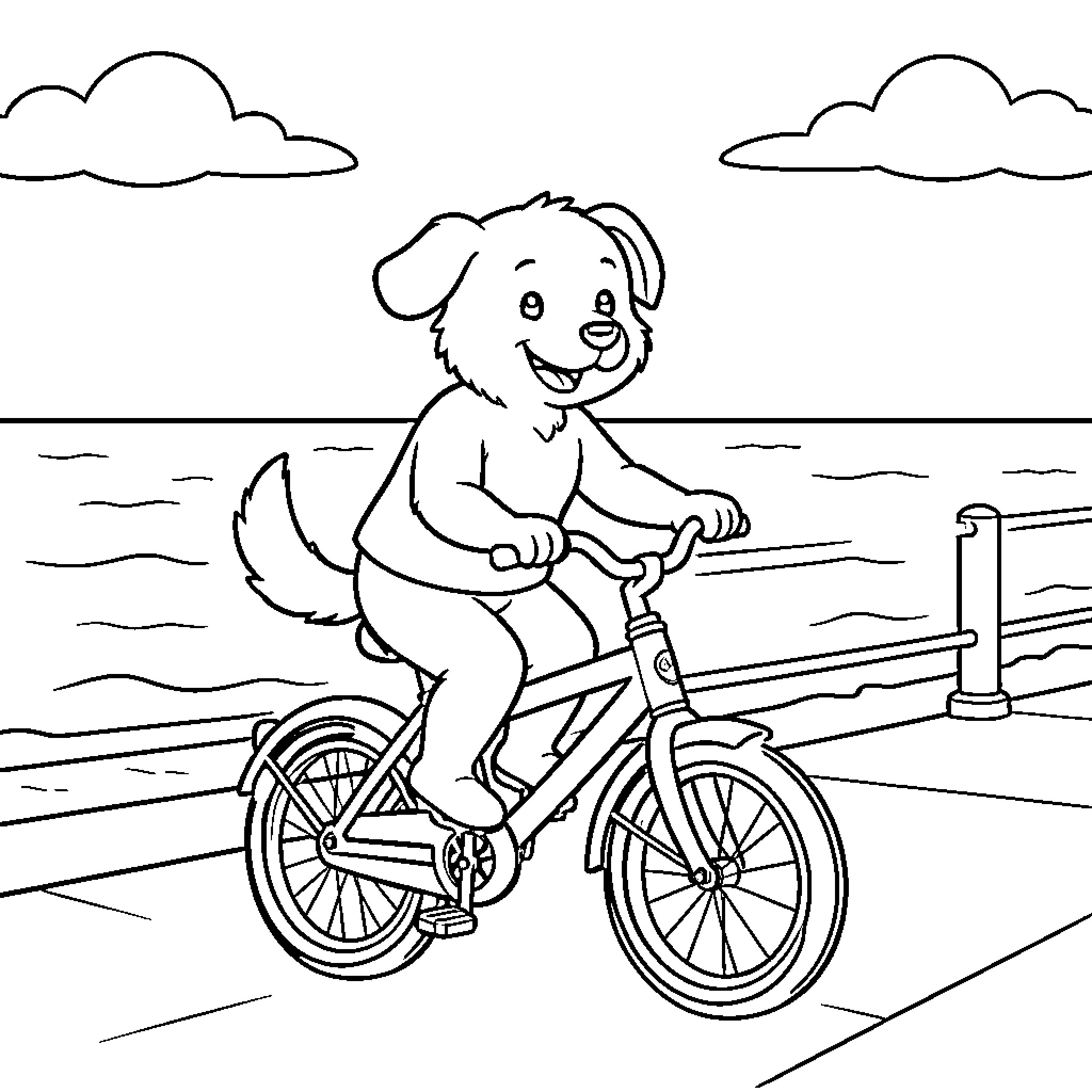 Perro riding bicycle happily by the ocean Coloring Page (free black-and-white line drawing printable PDF for all, from beginners to advanced learners, including children, teens, adults, and seniors)