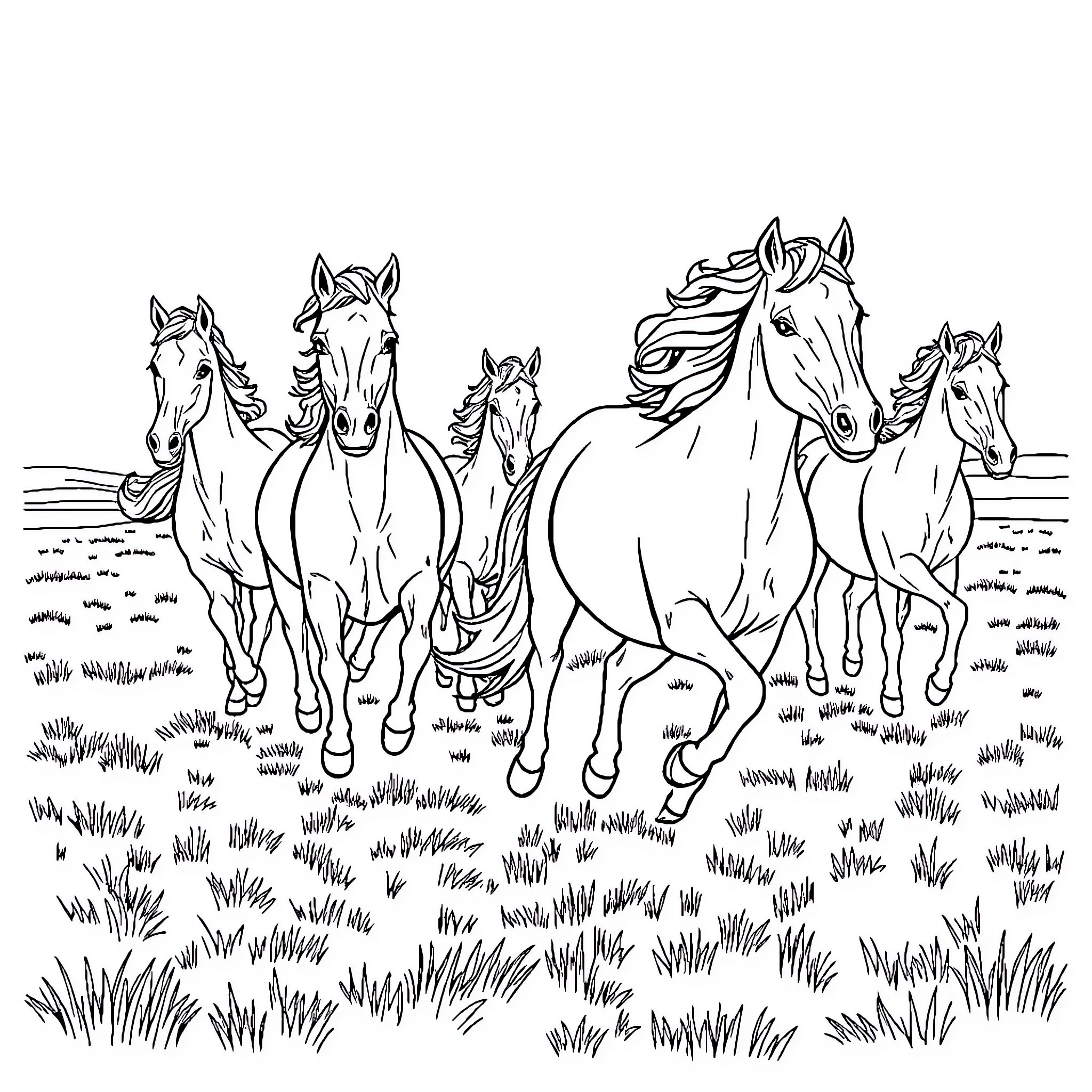 Horse herd galloping in the field Coloring Page (free black-and-white line drawing printable PDF for all, from beginners to advanced learners, including children, teens, adults, and seniors)