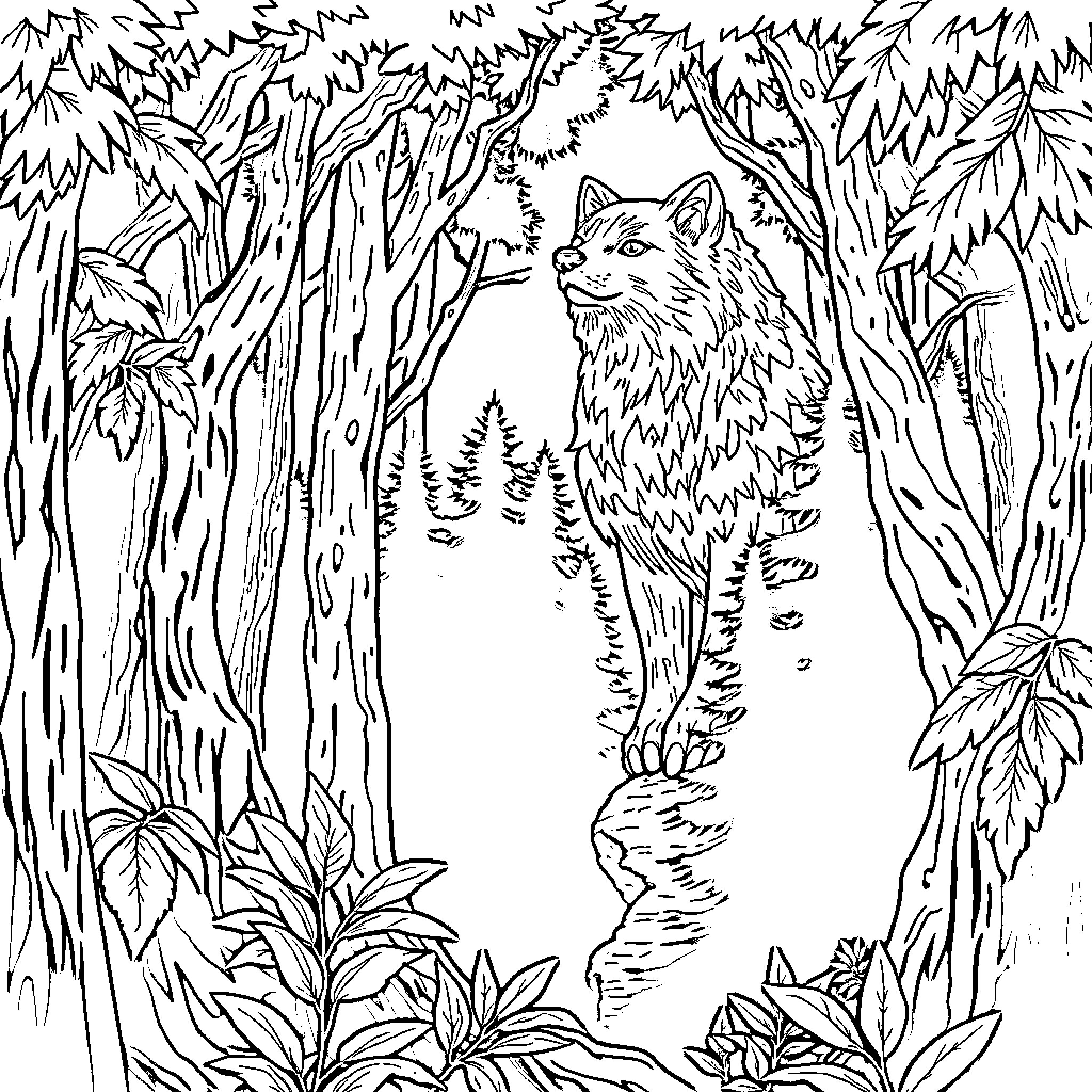 Wolf exploring the dense forest Coloring Page (free black-and-white line drawing printable PDF for all, from beginners to advanced learners, including children, teens, adults, and seniors)