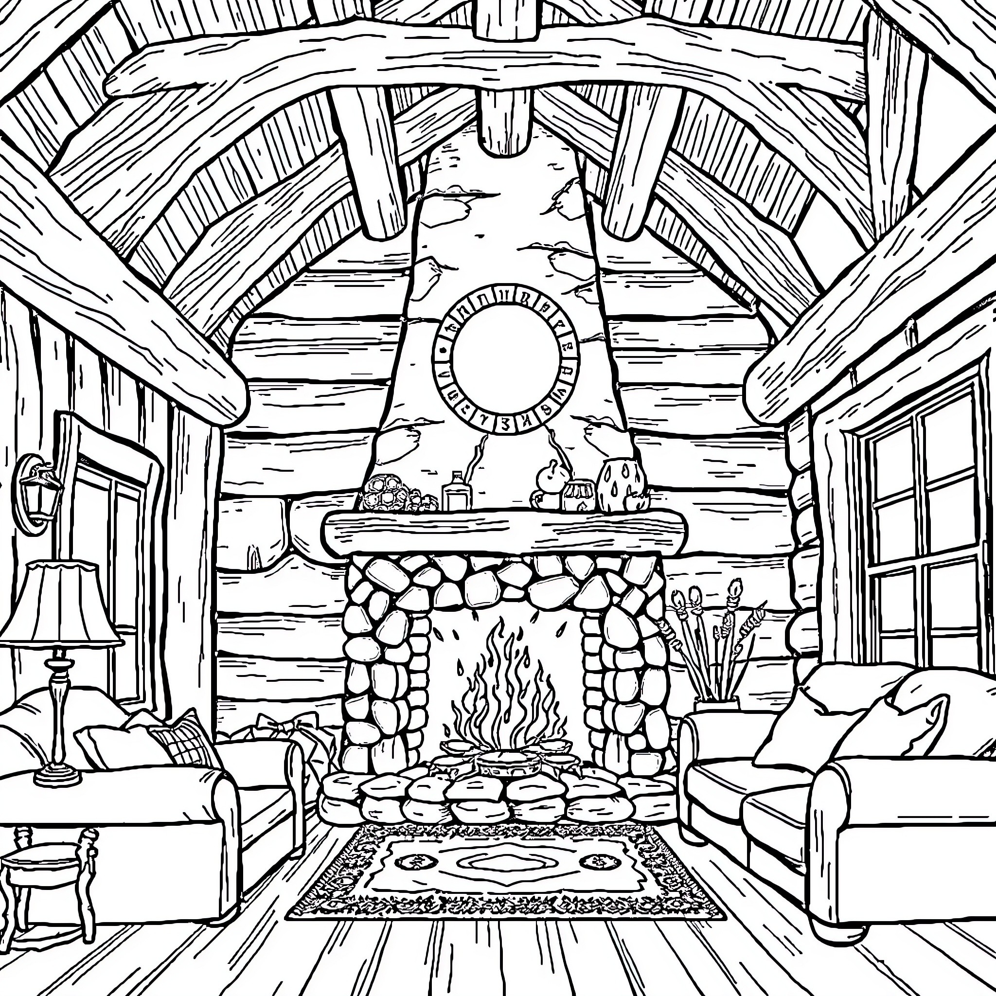 Home Cozy Cabin Interior with Fireplace Coloring Page (free black-and-white line drawing printable PDF for all, from beginners to advanced learners, including children, teens, adults, and seniors)