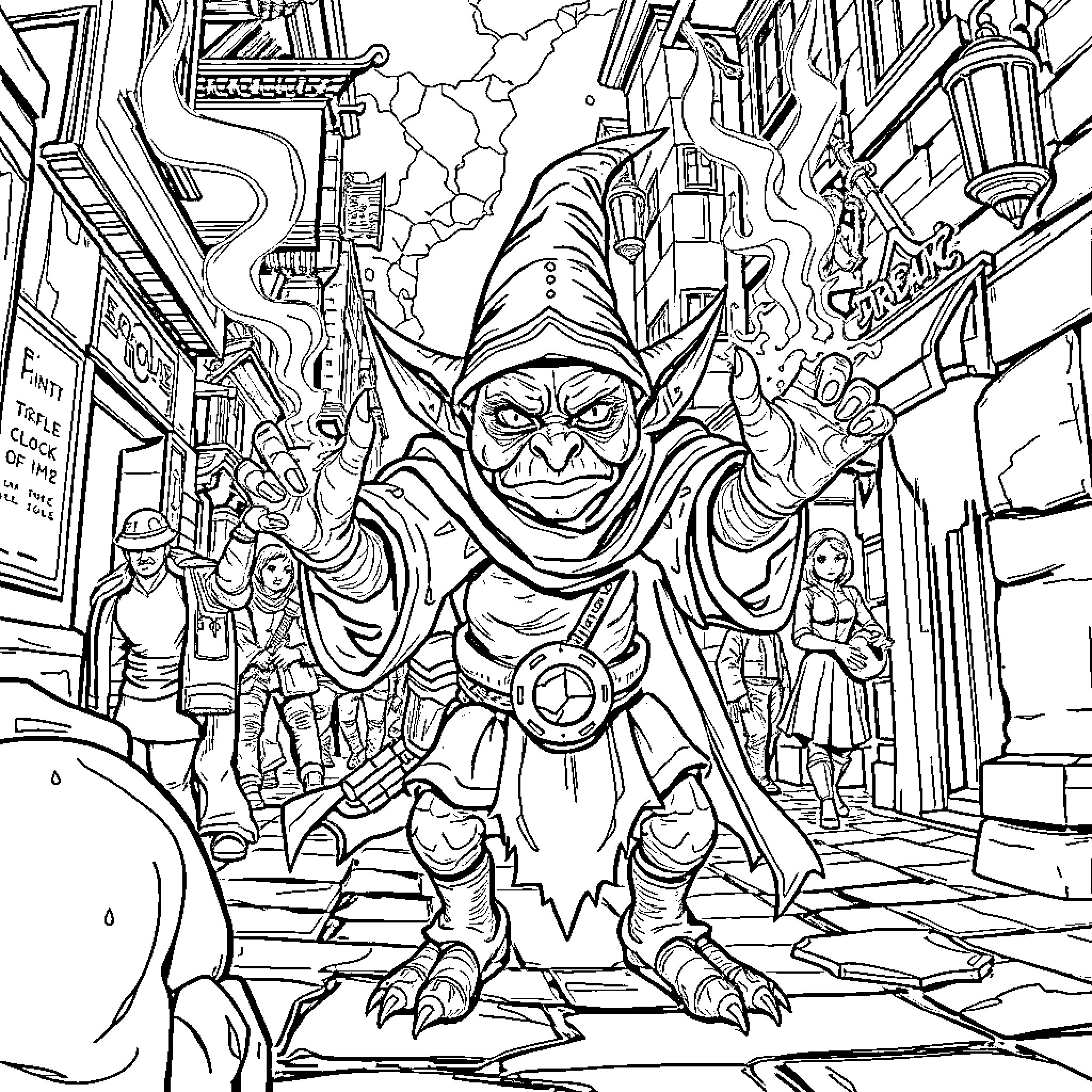 Goblin Wreaks Havoc in Chaotic City Street Coloring Page (free black-and-white line drawing printable PDF for all, from beginners to advanced learners, including children, teens, adults, and seniors)
