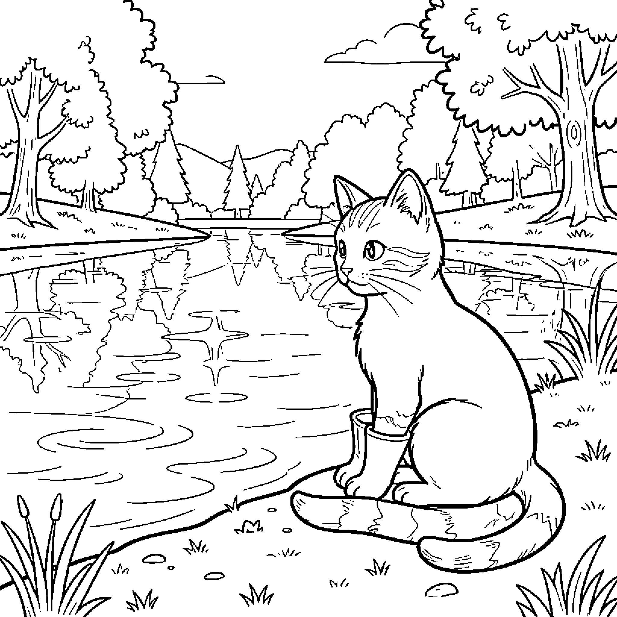 Cat exploring the serene forest landscape Coloring Page (free black-and-white line drawing printable PDF for all, from beginners to advanced learners, including children, teens, adults, and seniors)