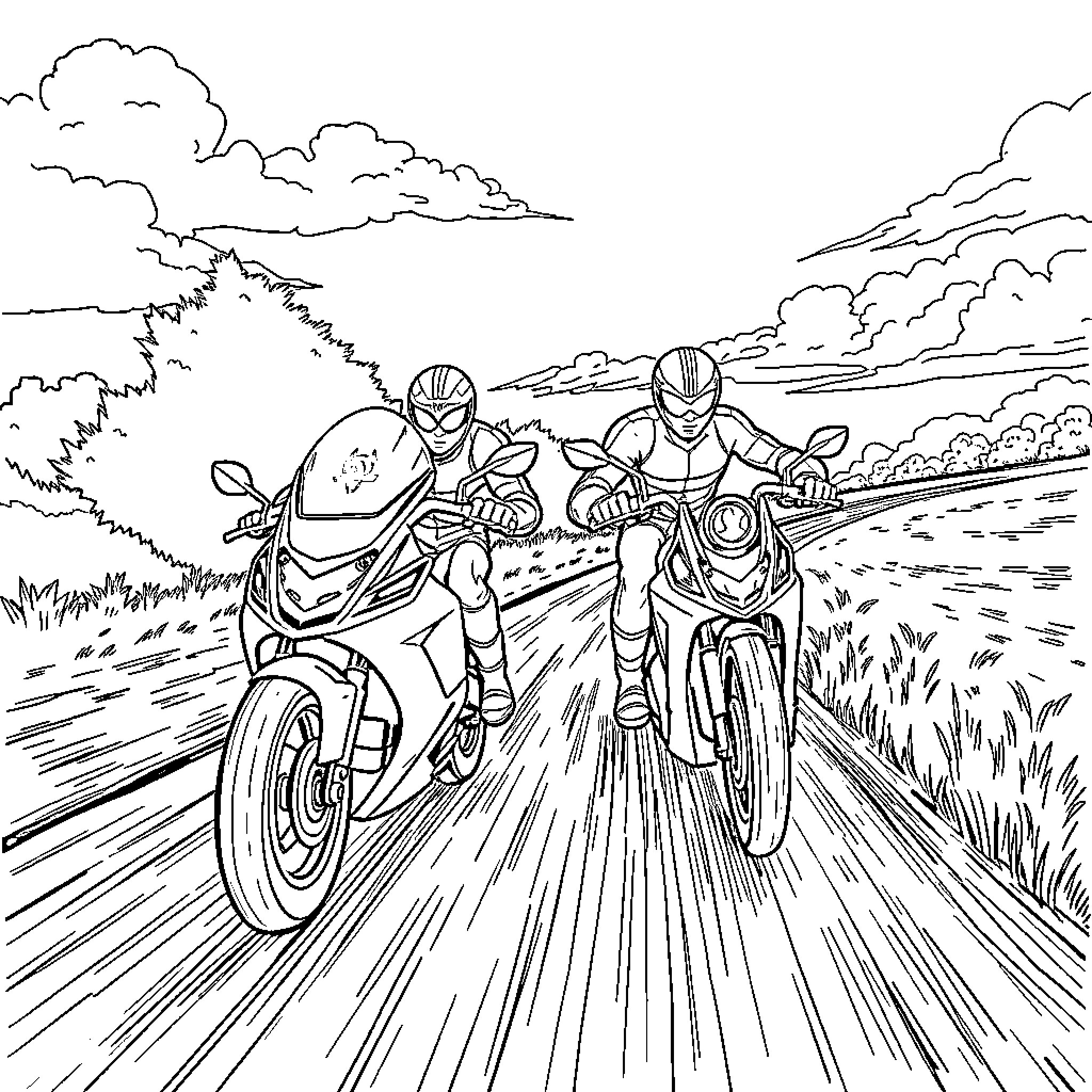 Spider-Man racing motorcycles on the open road Coloring Page (free black-and-white line drawing printable PDF for all, from beginners to advanced learners, including children, teens, adults, and seniors)