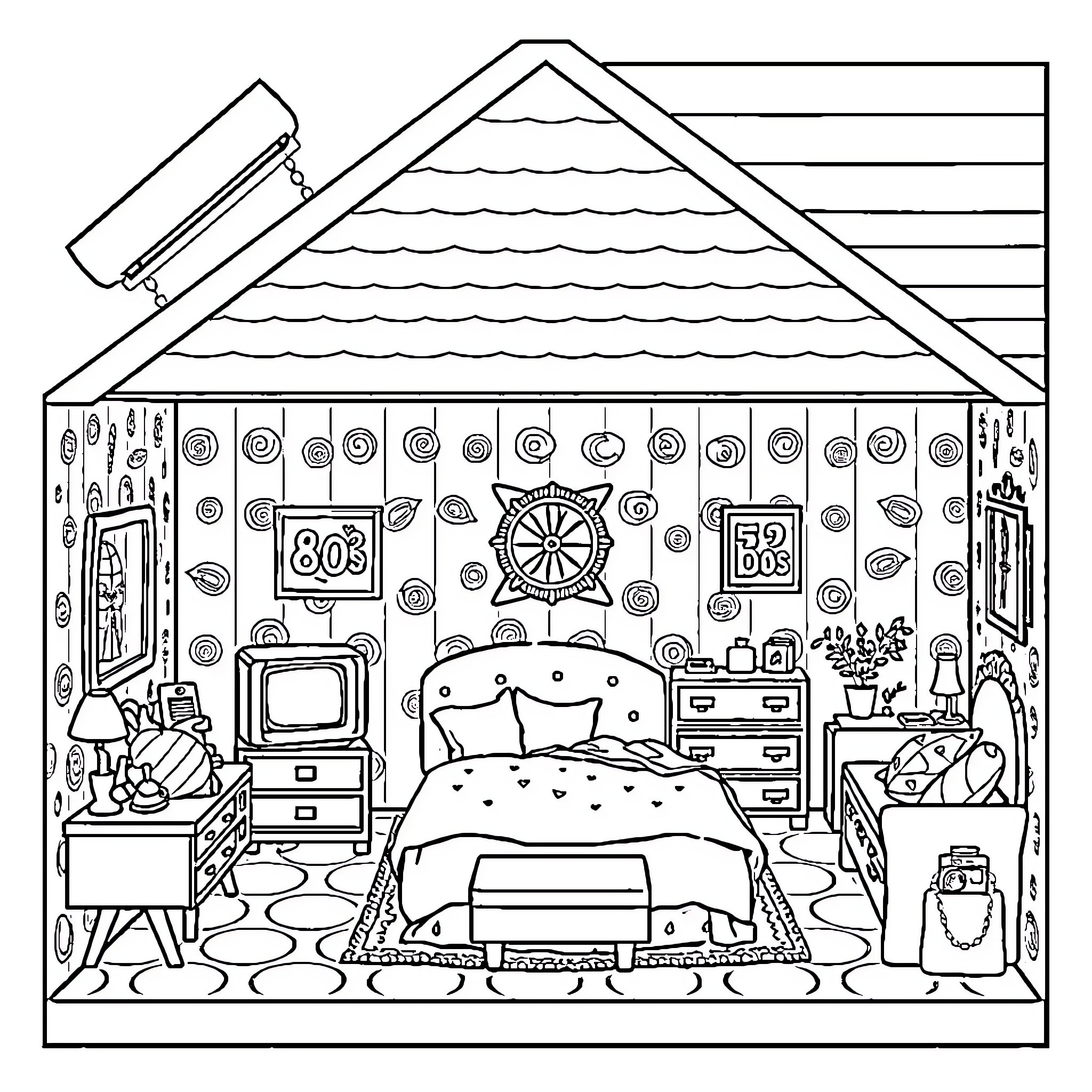 Dollhouse with whimsical bedroom furnishings Coloring Page (free black-and-white line drawing printable PDF for all, from beginners to advanced learners, including children, teens, adults, and seniors)