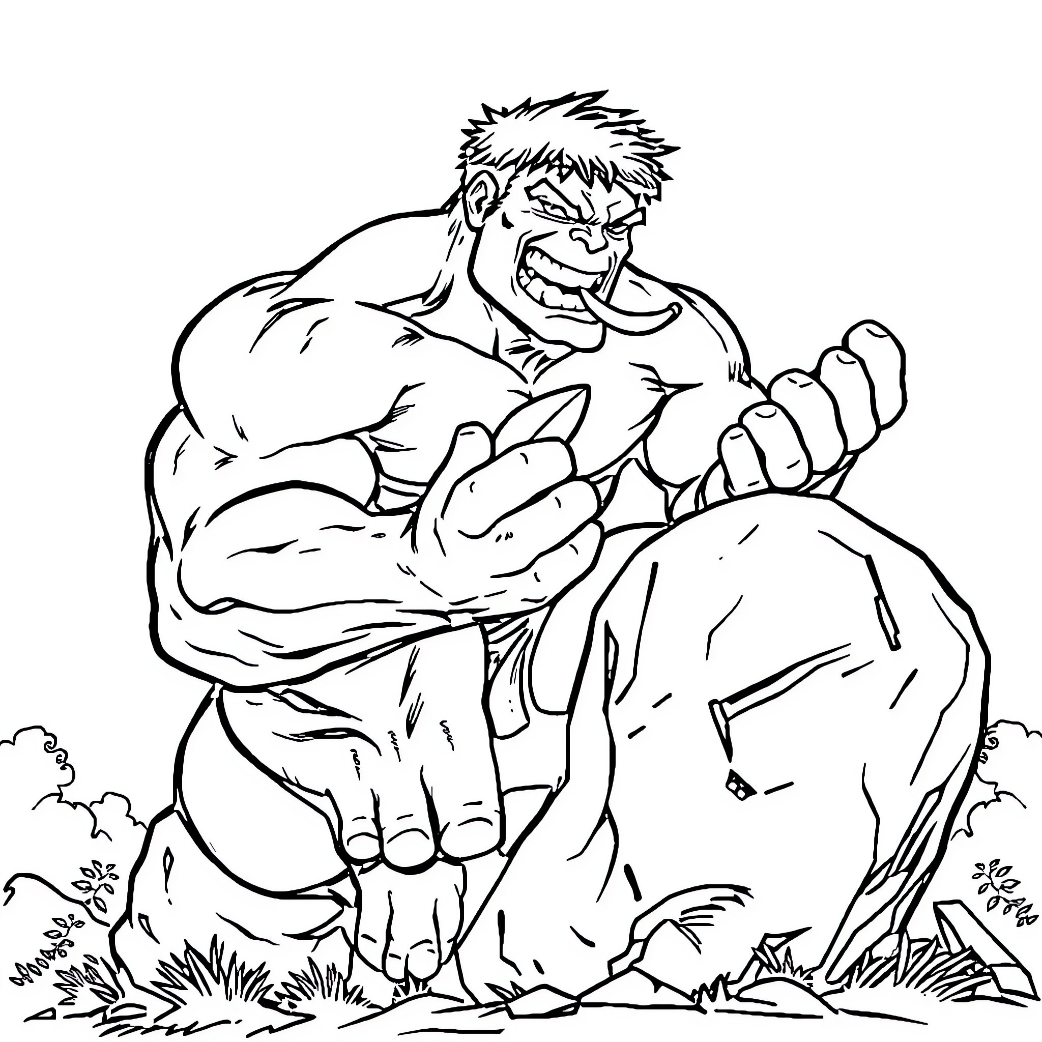 Hulk Smashing Through Rocks with Anger Coloring Page (free black-and-white line drawing printable PDF for all, from beginners to advanced learners, including children, teens, adults, and seniors)
