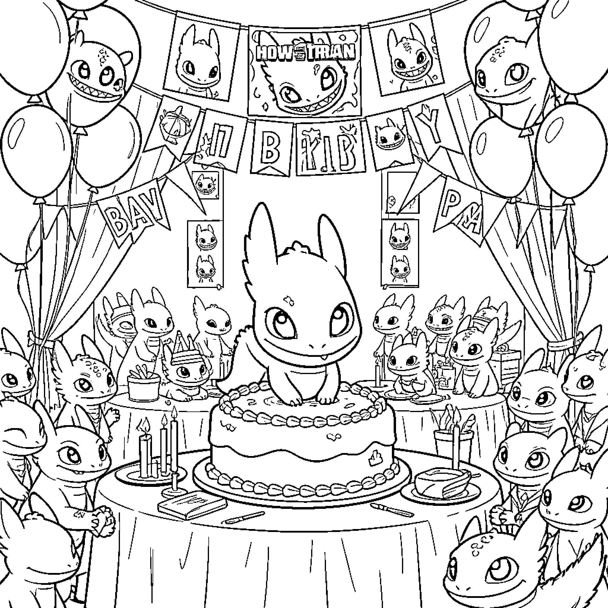 Toothless celebrating a birthday with friends around a cake Coloring Page (free black-and-white line drawing printable PDF for all, from beginners to advanced learners, including children, teens, adults, and seniors)