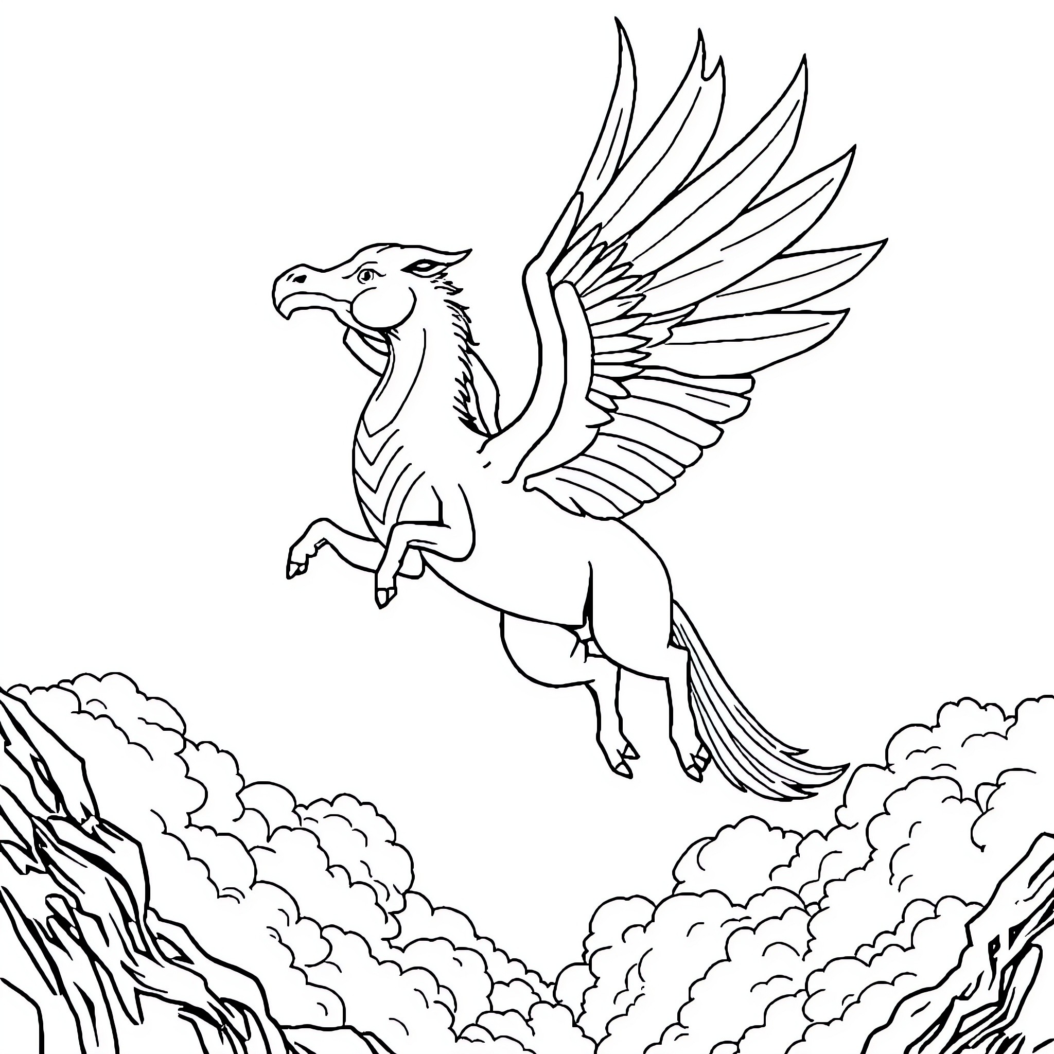 Hippogriff soaring majestically through the clouds Coloring Page (free black-and-white line drawing printable PDF for all, from beginners to advanced learners, including children, teens, adults, and seniors)