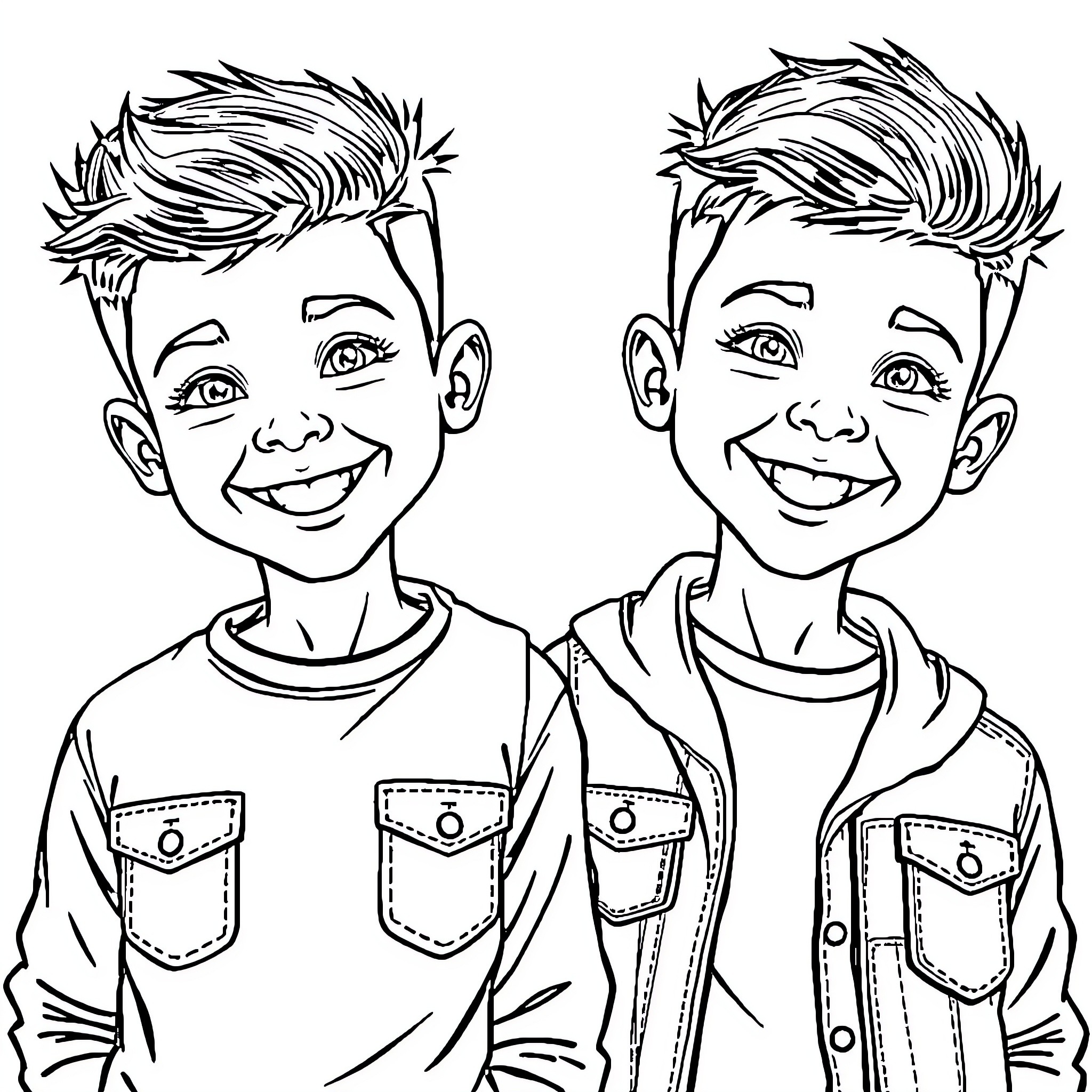 Twin brothers sharing a joyful moment Coloring Page (free black-and-white line drawing printable PDF for all, from beginners to advanced learners, including children, teens, adults, and seniors)