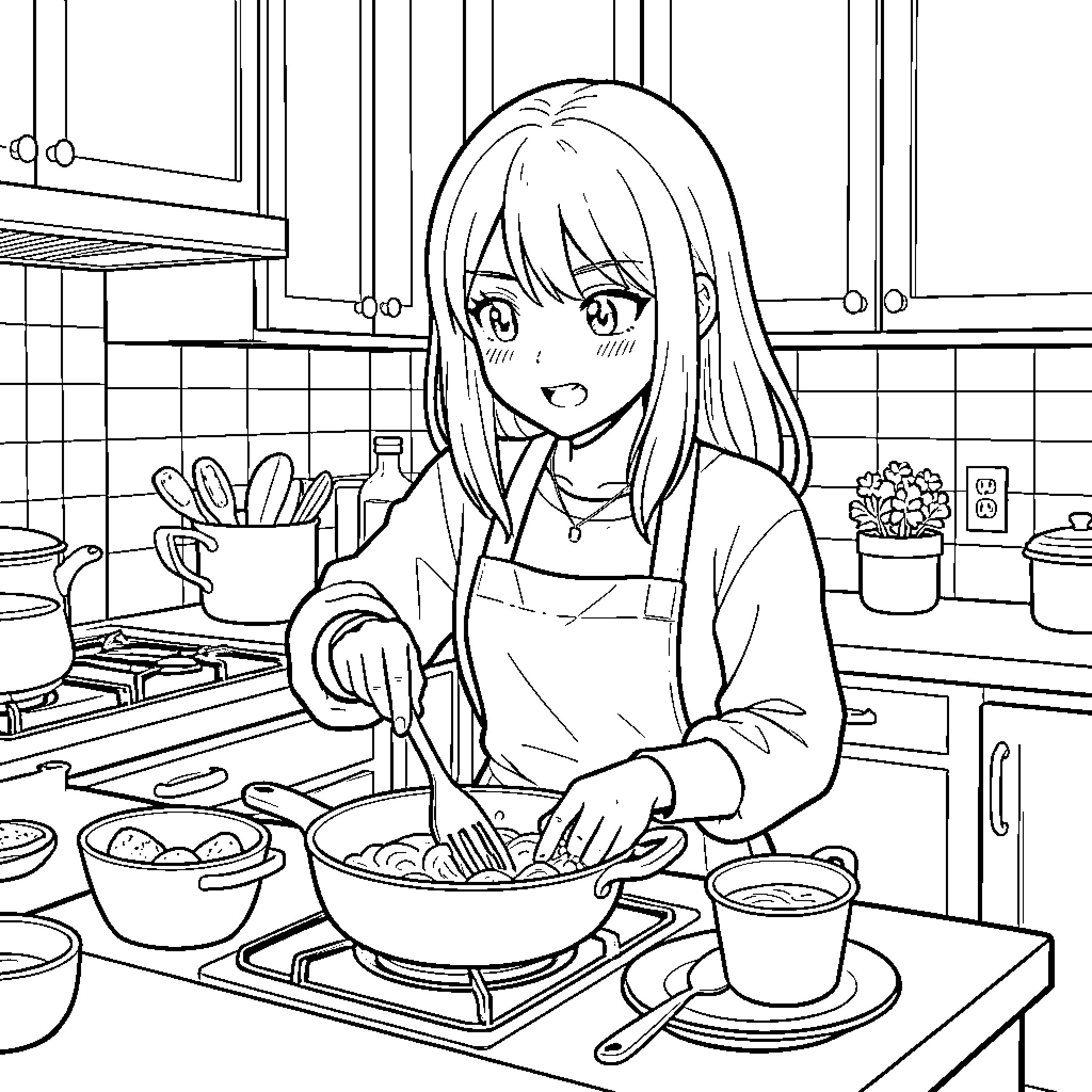 K Pop girl cooking delicious food in the kitchen Coloring Page (free black-and-white line drawing printable PDF for all, from beginners to advanced learners, including children, teens, adults, and seniors)