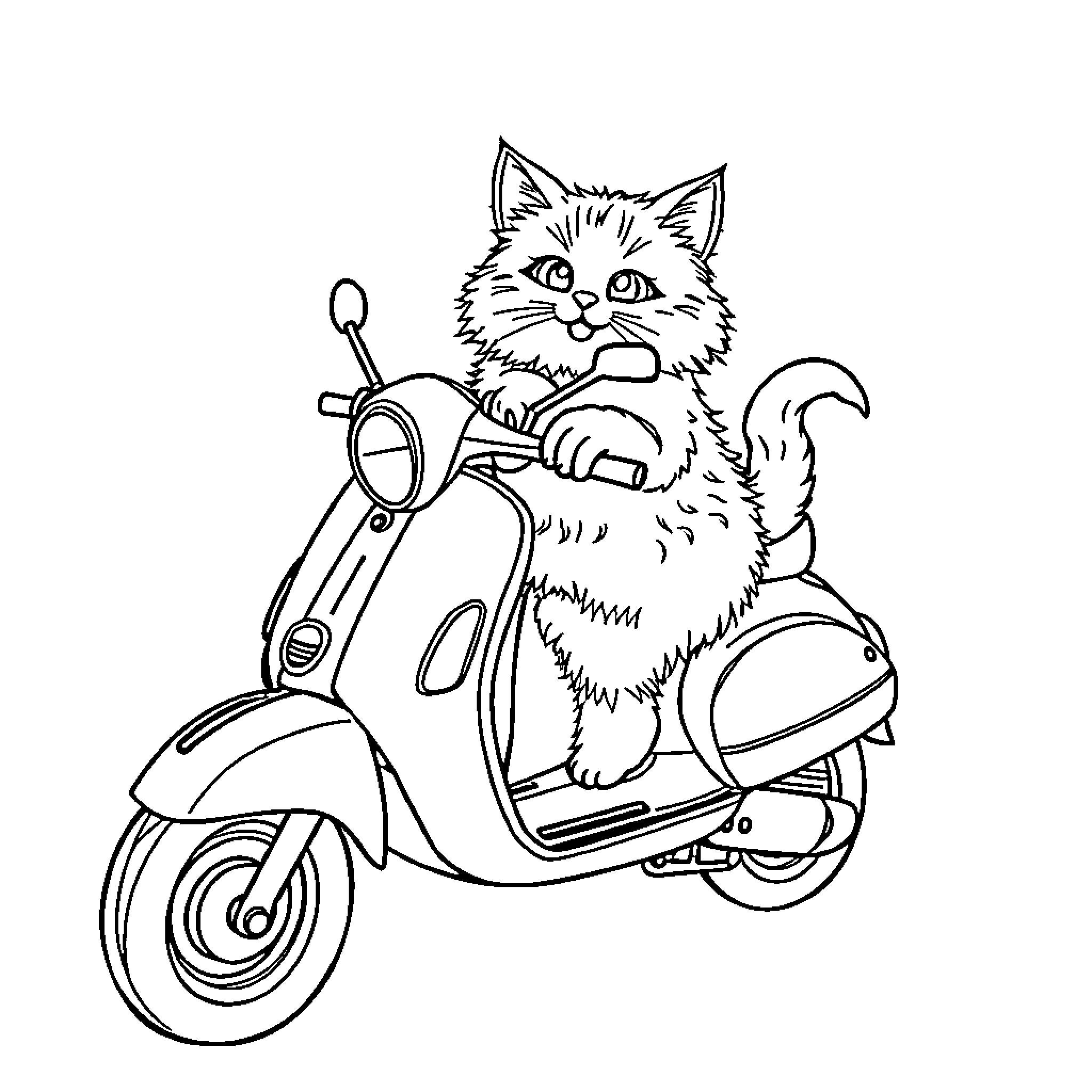 Cat riding a scooter Coloring Page (free black-and-white line drawing printable PDF for all, from beginners to advanced learners, including children, teens, adults, and seniors)