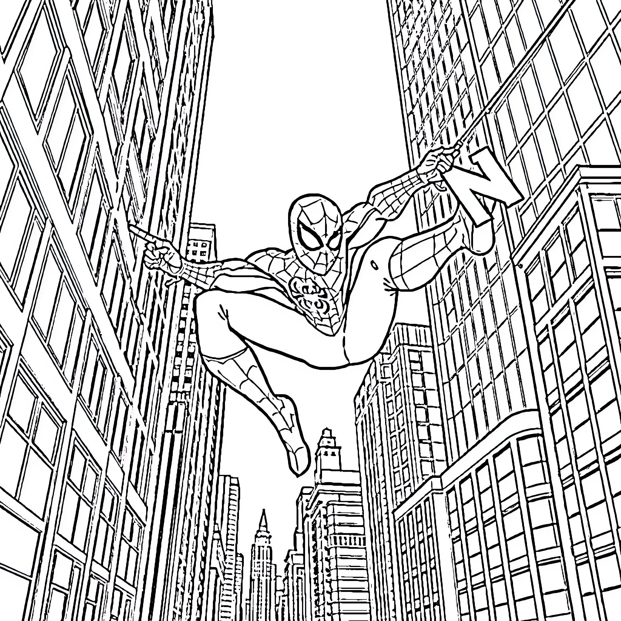 Spider-Man swinging through the city skyline Coloring Page (free black-and-white line drawing printable PDF for all, from beginners to advanced learners, including children, teens, adults, and seniors)