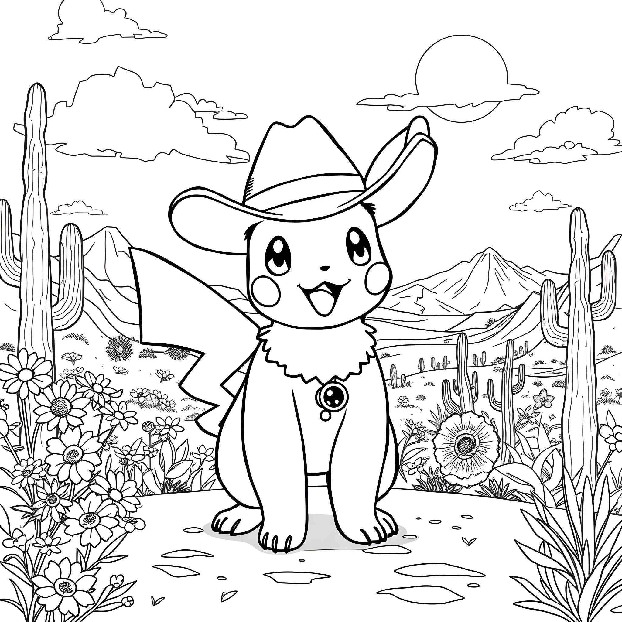 Pokémon cowboy-themed character in a desert landscape Coloring Page (free black-and-white line drawing printable PDF for all, from beginners to advanced learners, including children, teens, adults, and seniors)