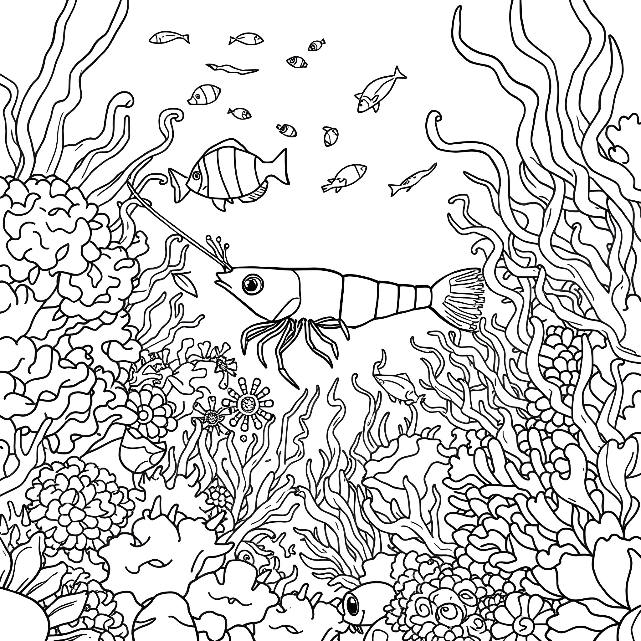 Shrimp exploring the vibrant underwater world Coloring Page (free black-and-white line drawing printable PDF for all, from beginners to advanced learners, including children, teens, adults, and seniors)