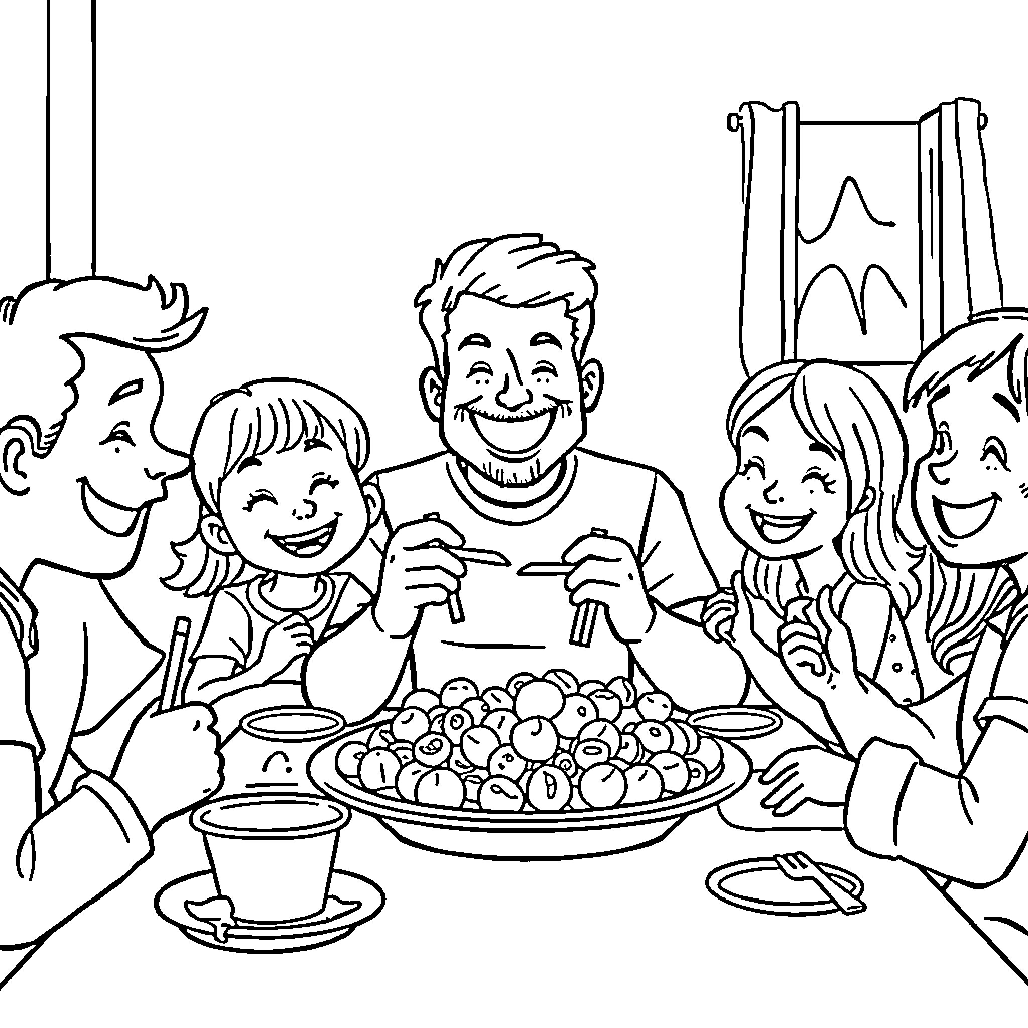 Family Guy Enjoys Meal with Loved Ones Coloring Page (free black-and-white line drawing printable PDF for all, from beginners to advanced learners, including children, teens, adults, and seniors)