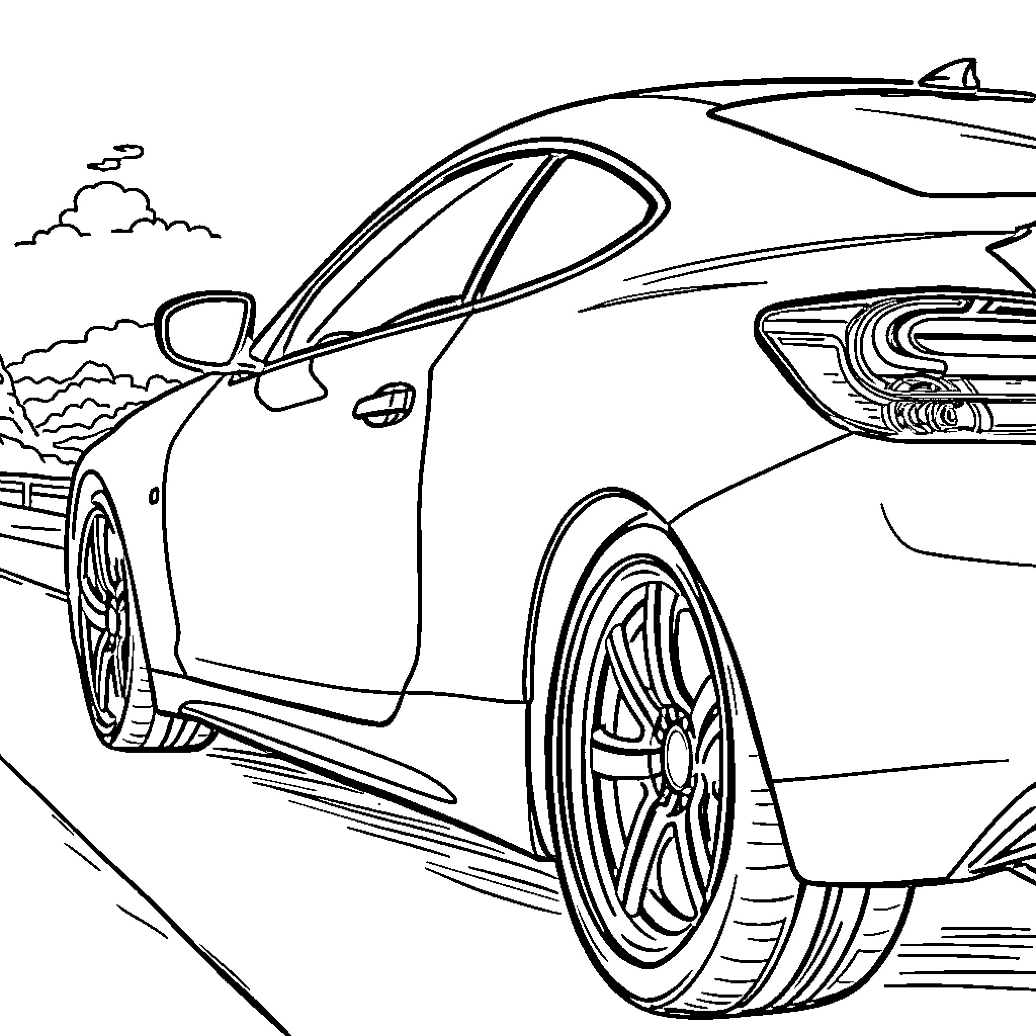 Camaro racing down the highway Coloring Page (free black-and-white line drawing printable PDF for all, from beginners to advanced learners, including children, teens, adults, and seniors)