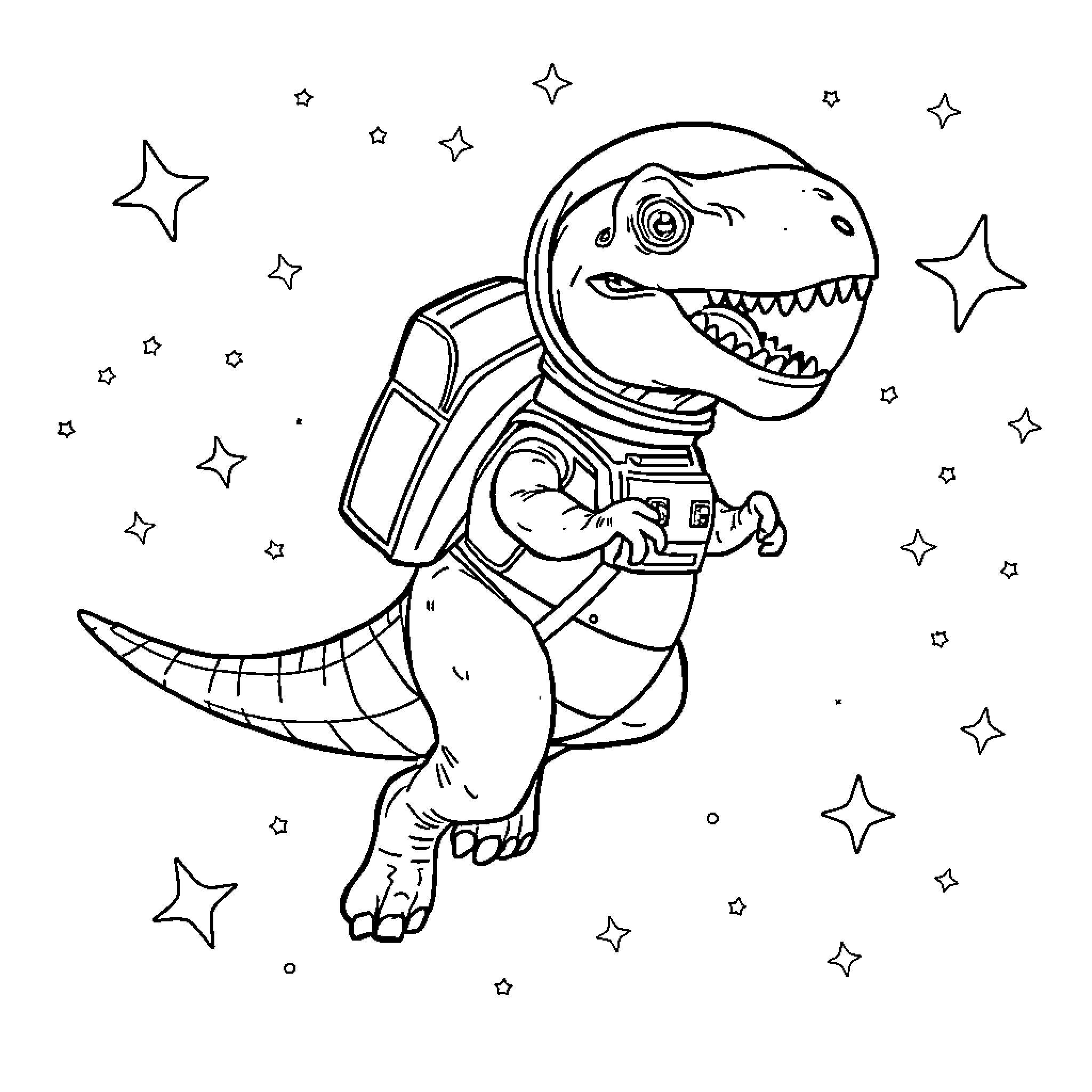 Dinosaur astronaut exploring the starry night sky Coloring Page (free black-and-white line drawing printable PDF for all, from beginners to advanced learners, including children, teens, adults, and seniors)