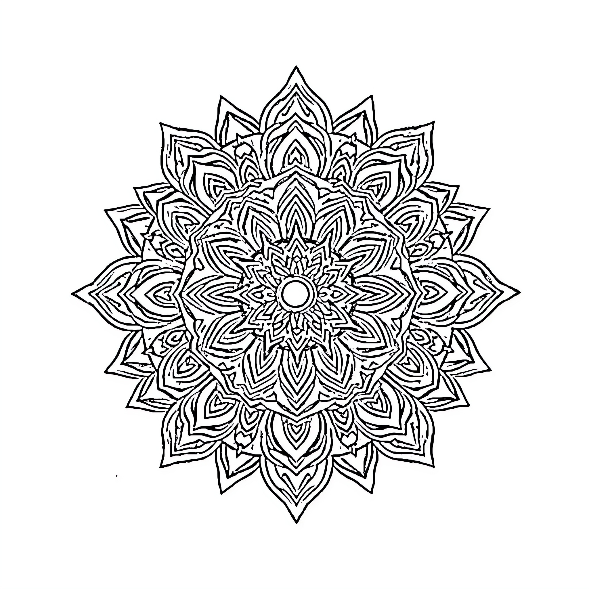 Mandala of Intricate Floral Patterns Coloring Page (free black-and-white line drawing printable PDF for all, from beginners to advanced learners, including children, teens, adults, and seniors)