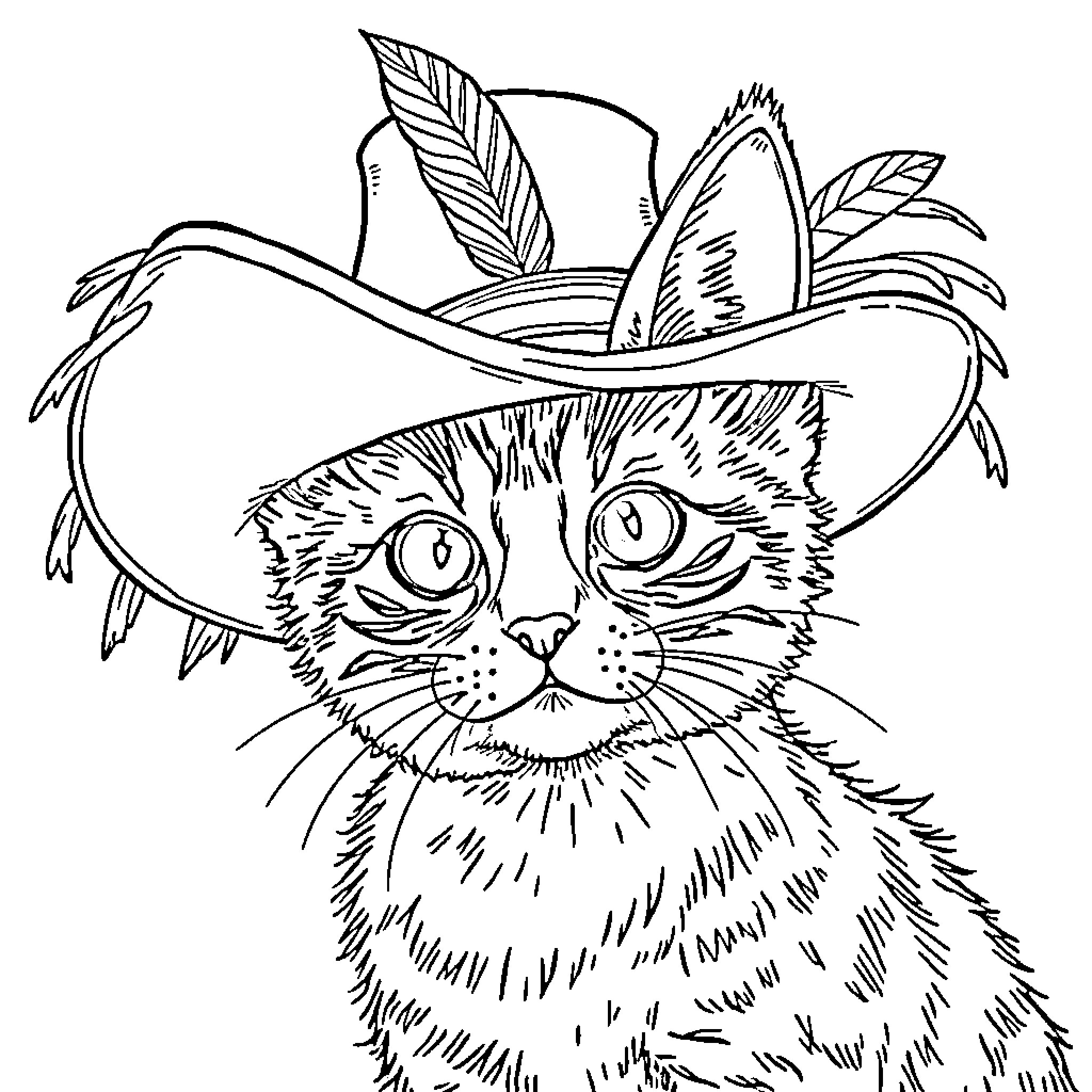 Cat wearing feathered hat Coloring Page (free black-and-white line drawing printable PDF for all, from beginners to advanced learners, including children, teens, adults, and seniors)