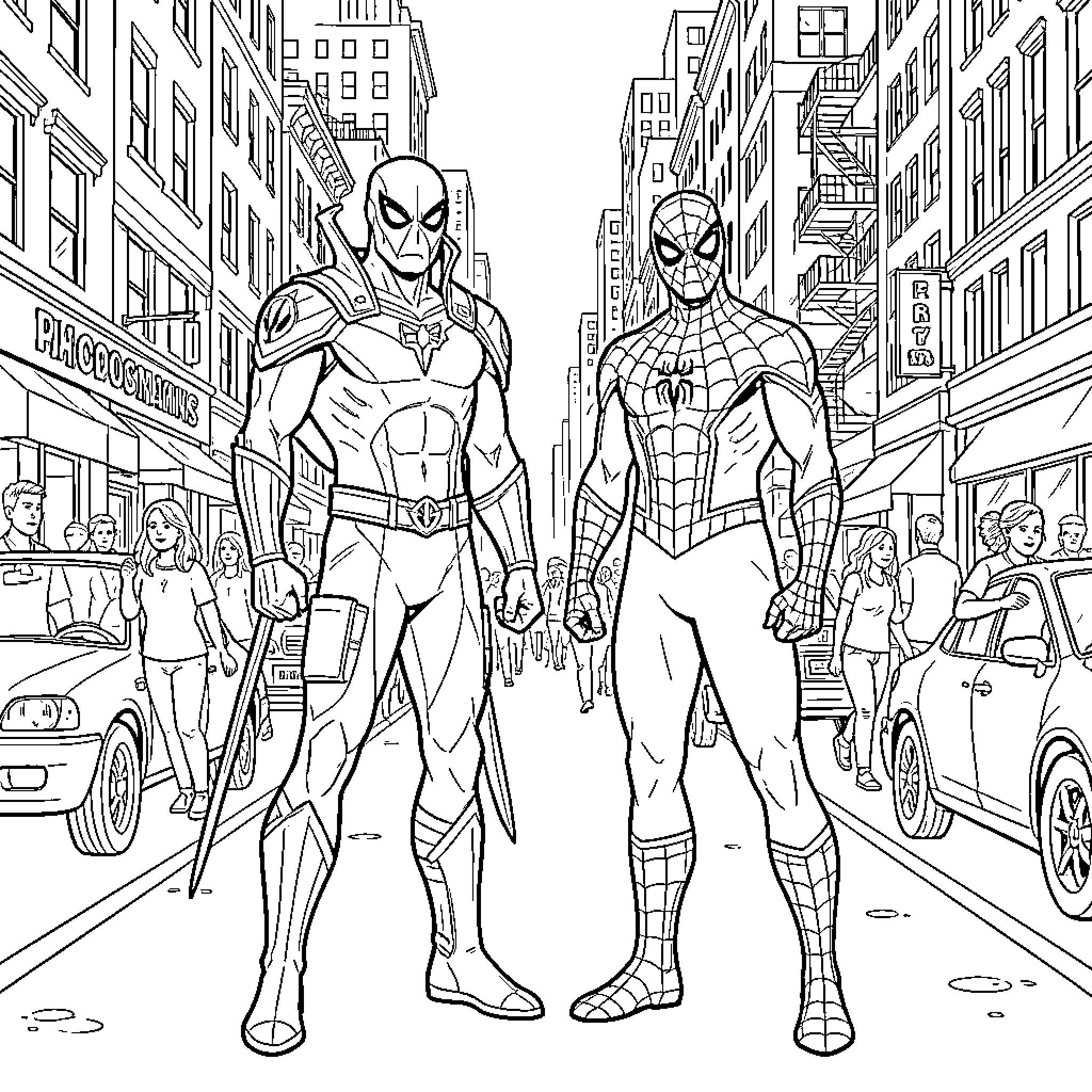 Moon Knight and Spider-Man standing heroically in a city street Coloring Page (free black-and-white line drawing printable PDF for all, from beginners to advanced learners, including children, teens, adults, and seniors)