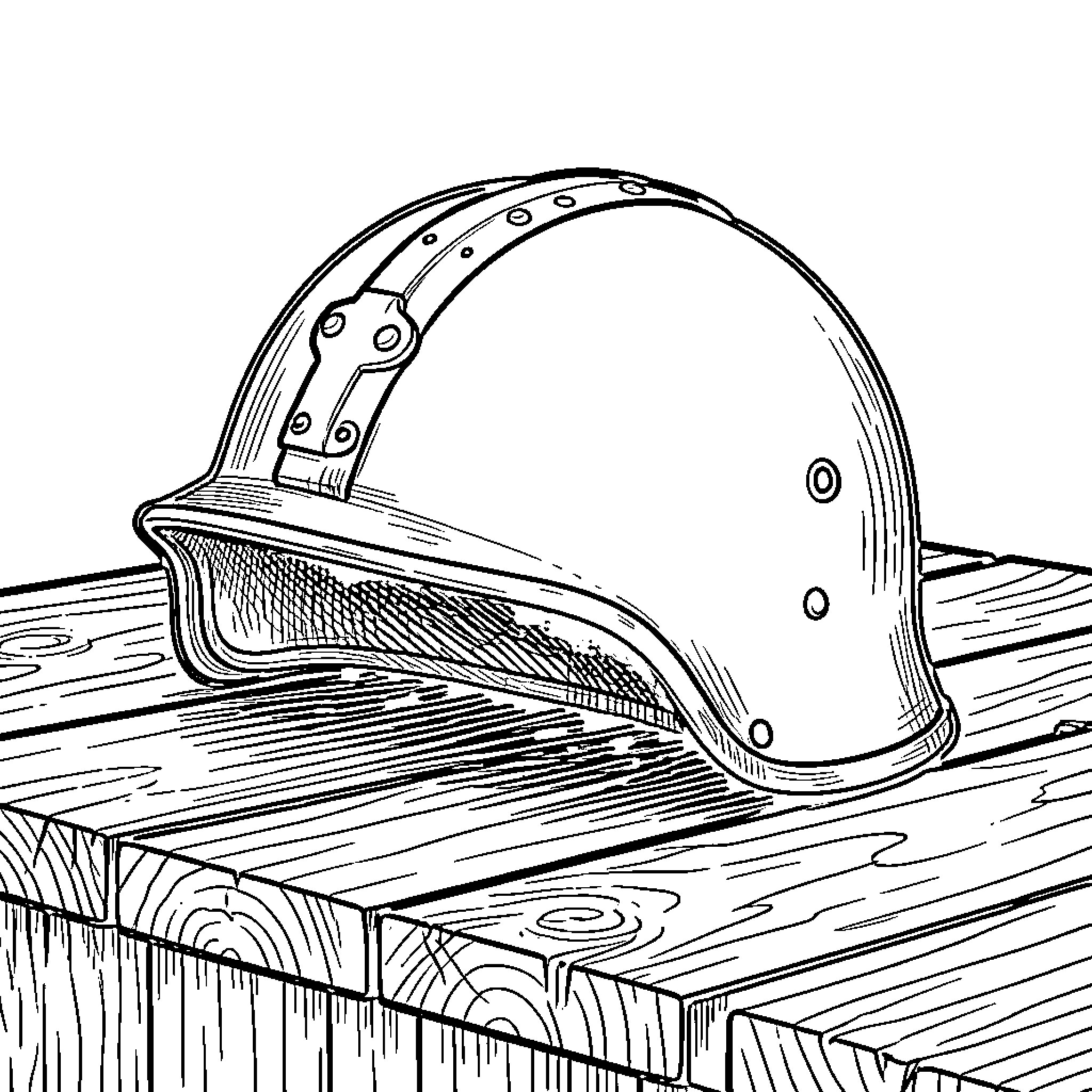 German Helmet resting on a wooden surface Coloring Page (free black-and-white line drawing printable PDF for all, from beginners to advanced learners, including children, teens, adults, and seniors)