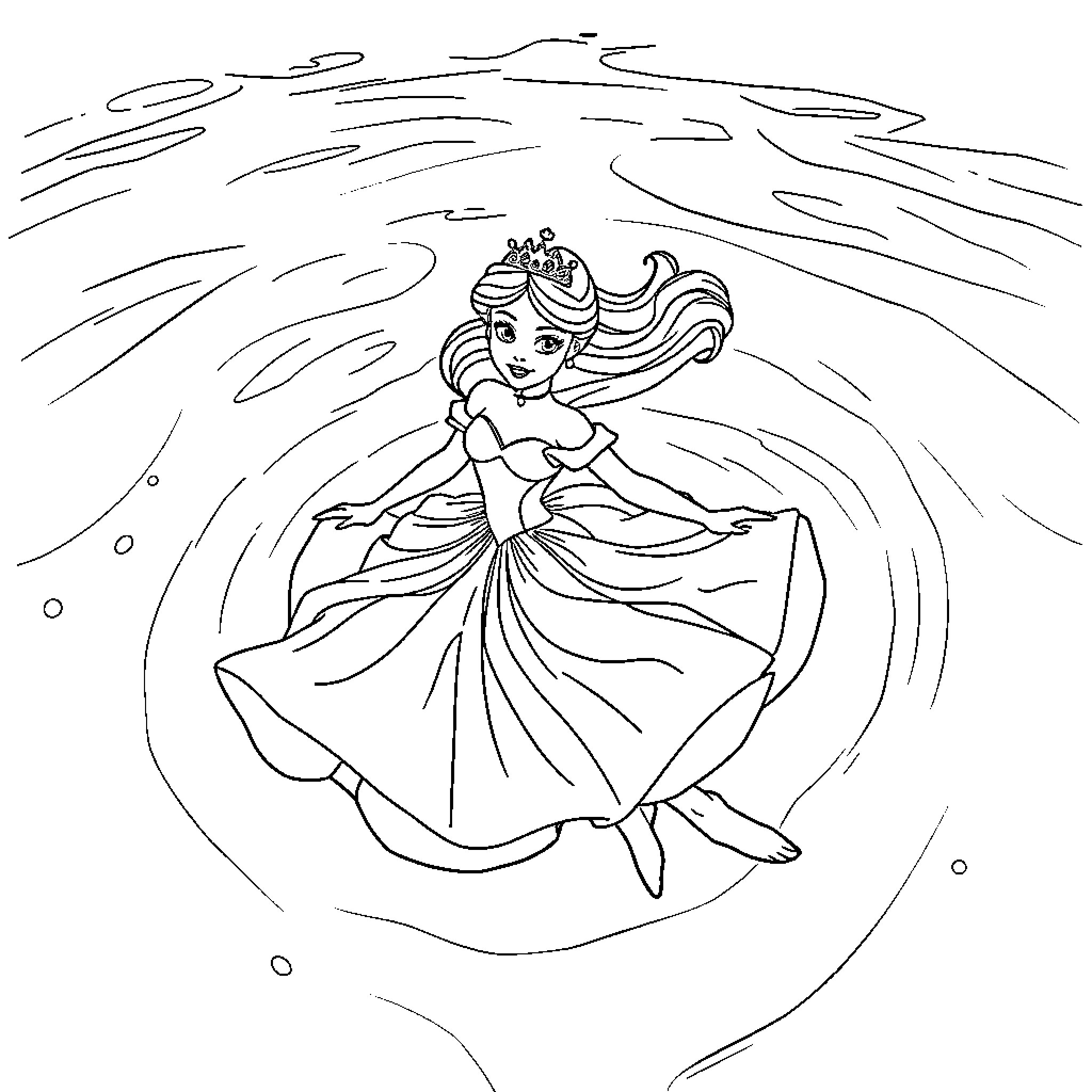Princess dancing gracefully in a whirlwind Coloring Page (free black-and-white line drawing printable PDF for all, from beginners to advanced learners, including children, teens, adults, and seniors)