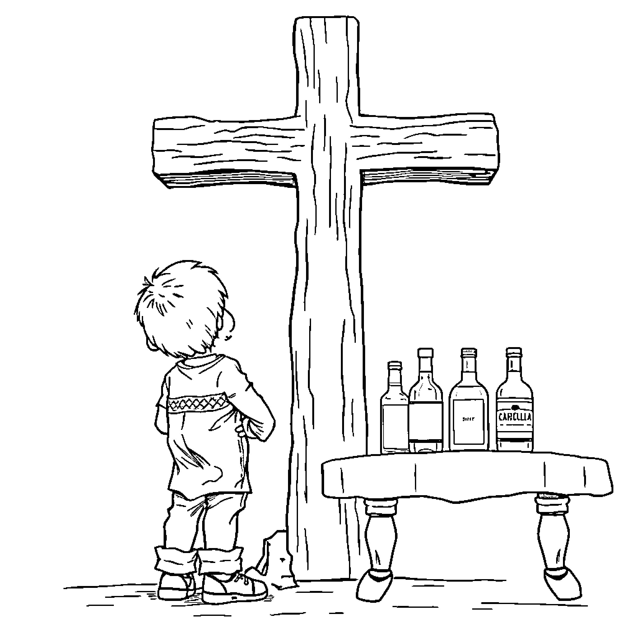 Child praying before a wooden cross Coloring Page (free black-and-white line drawing printable PDF for all, from beginners to advanced learners, including children, teens, adults, and seniors)