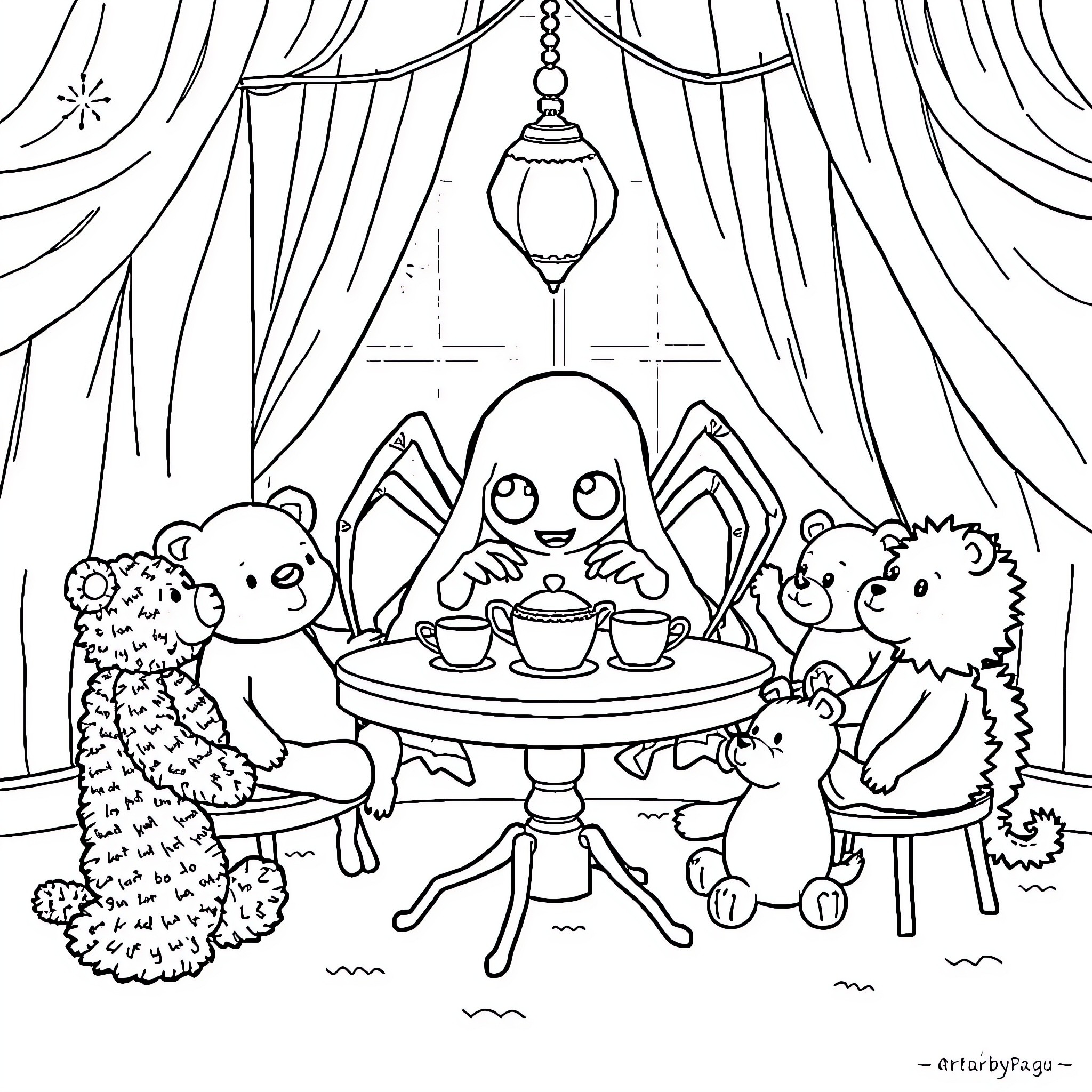 Ghost Spider having tea party with cute stuffed animals Coloring Page (free black-and-white line drawing printable PDF for all, from beginners to advanced learners, including children, teens, adults, and seniors)