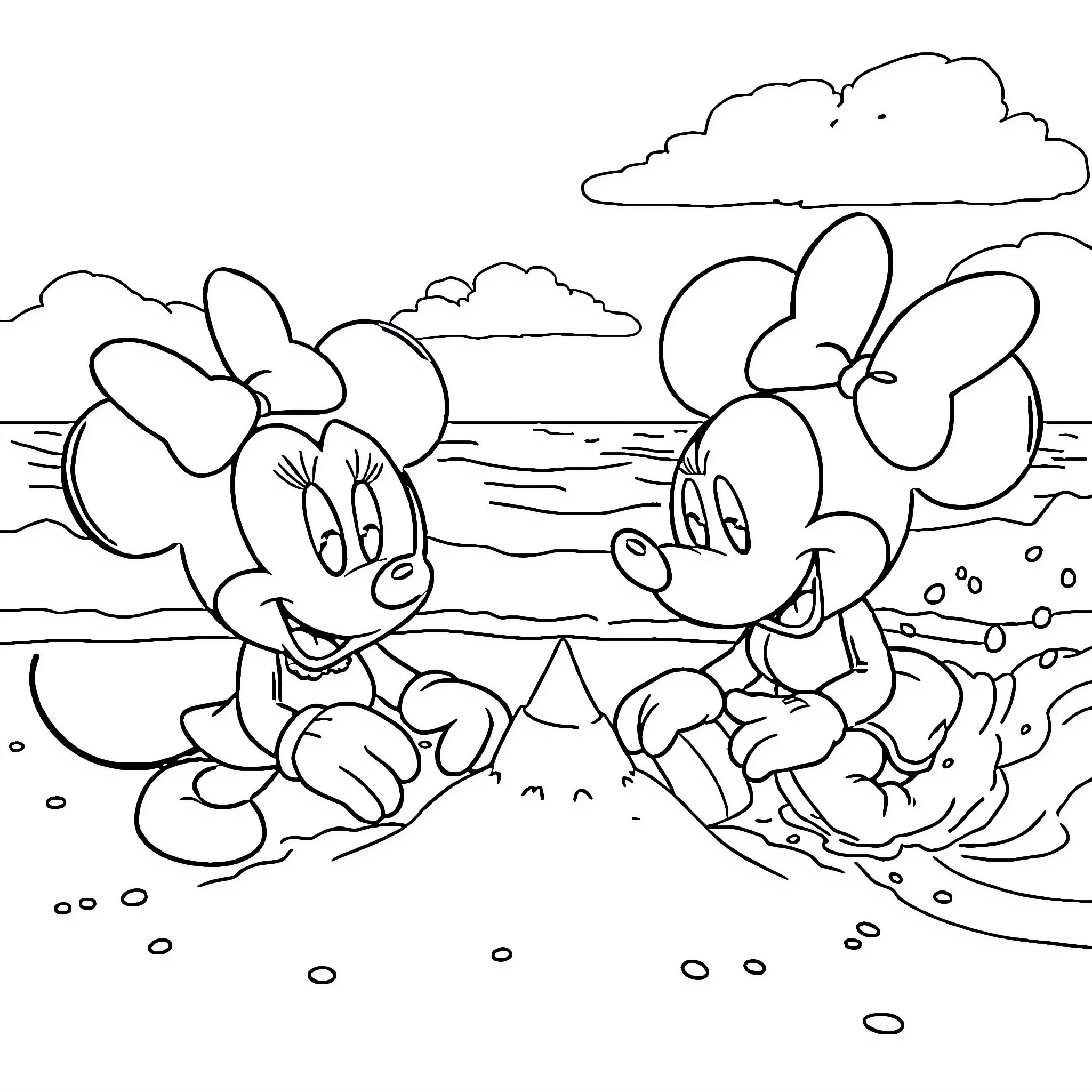 Minnie Mouse and Mickey Mouse playing happily on the beach Coloring Page (free black-and-white line drawing printable PDF for all, from beginners to advanced learners, including children, teens, adults, and seniors)