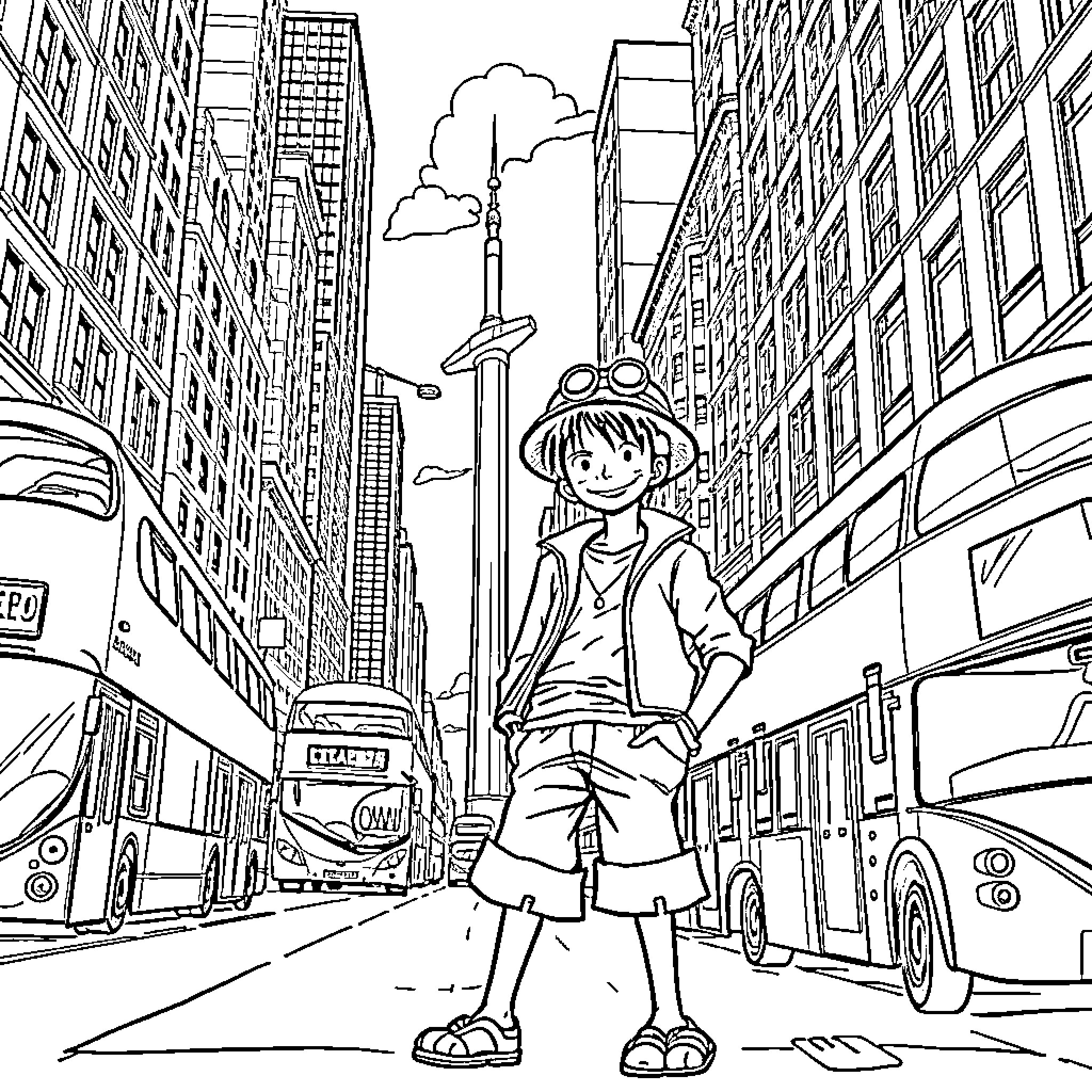 Luffy's Lively Adventure in the City Streets Coloring Page (free black-and-white line drawing printable PDF for all, from beginners to advanced learners, including children, teens, adults, and seniors)